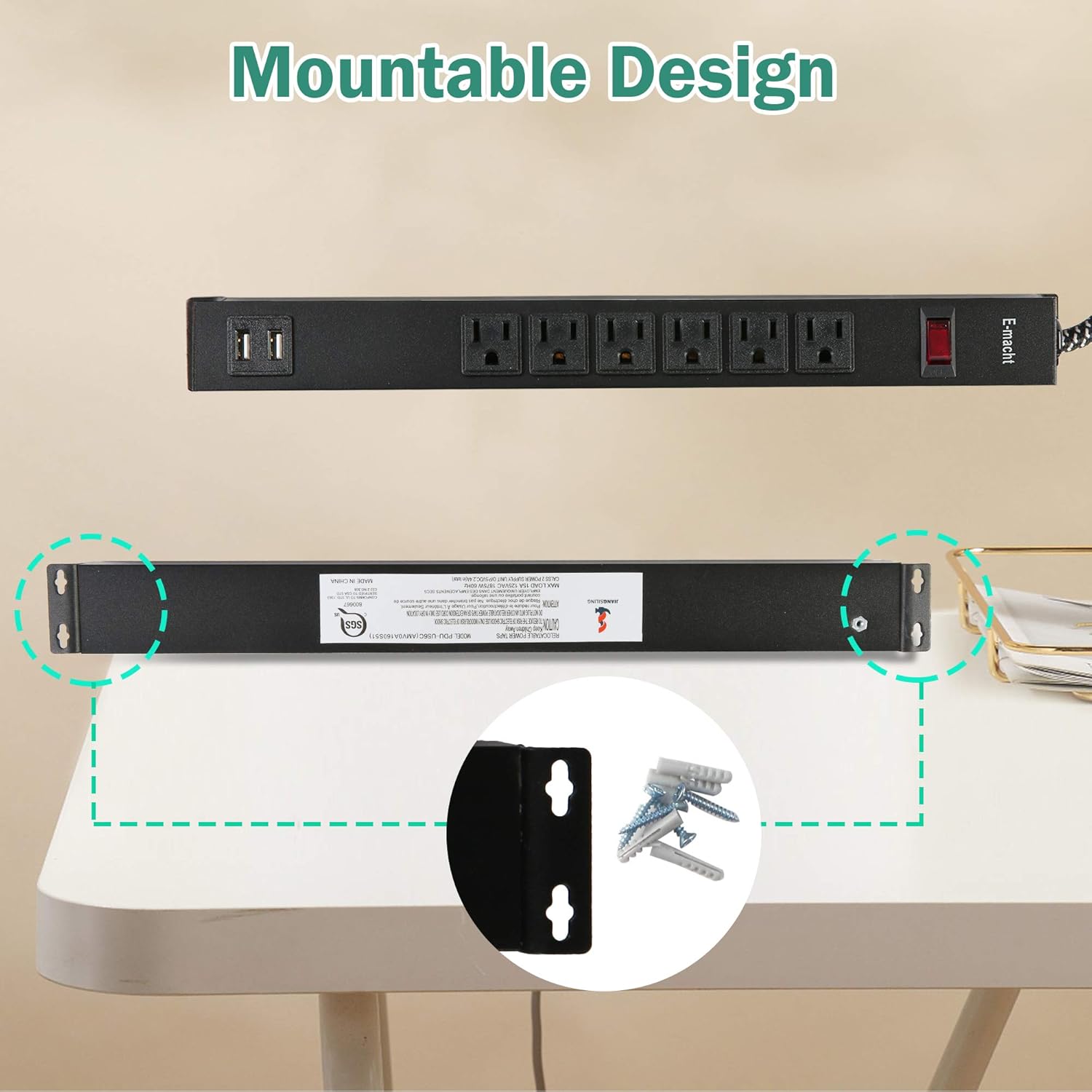 2 Pack Long Power Strip, 6 Metal Power Outlets 2 USB Ports, 6 ft Long Extension Cord, Wall Mountable with Hook & Loop, Black (6 Outlets + 2 USB)