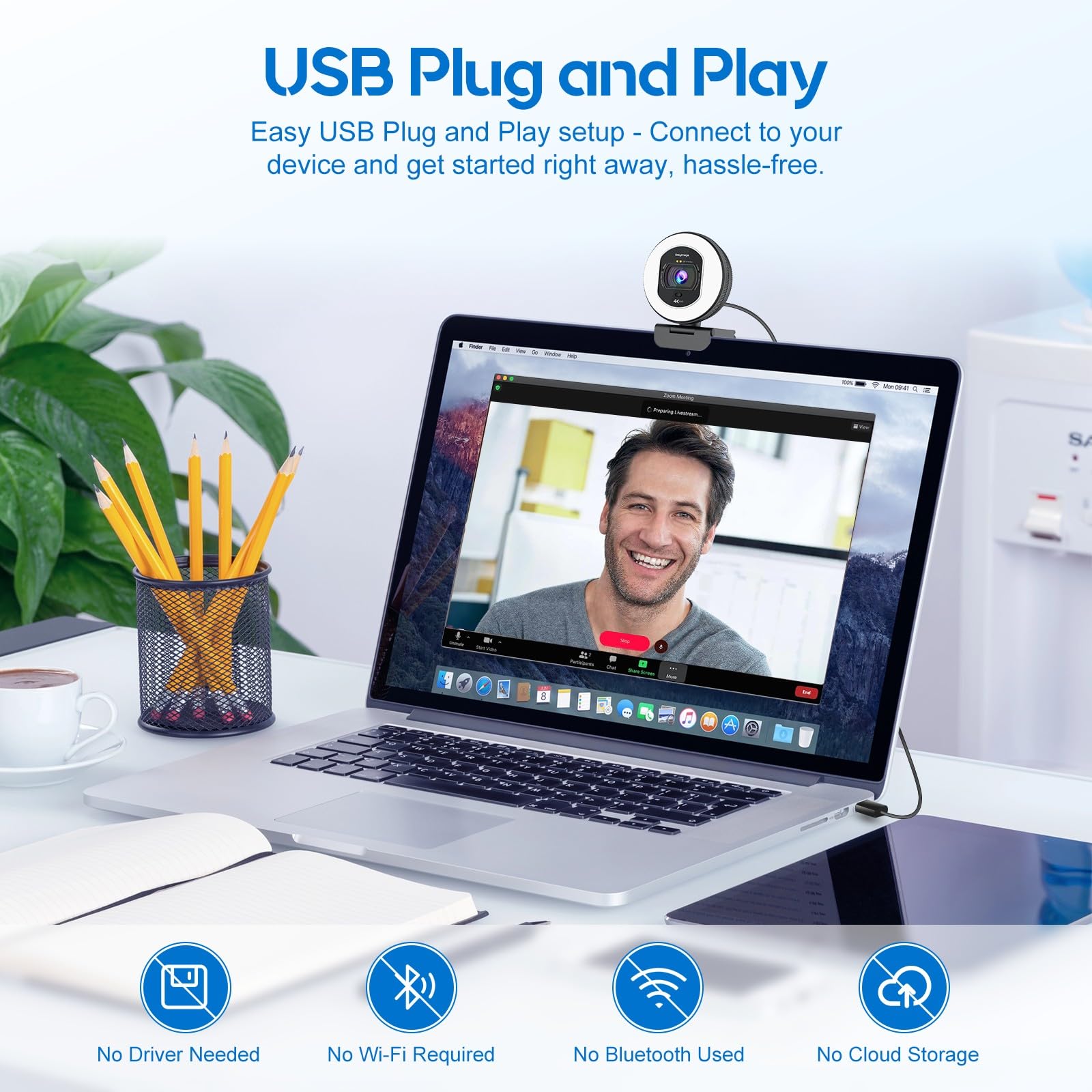 Webcam 4K con anello luminoso Web Cam 4K autofocus con TOF Computer Camera 1080P 60FPS Web Camera Copertura privacy integrata e microfono Streaming Webcam per Switch 2/Zoom/Skype/Google Meet Nero