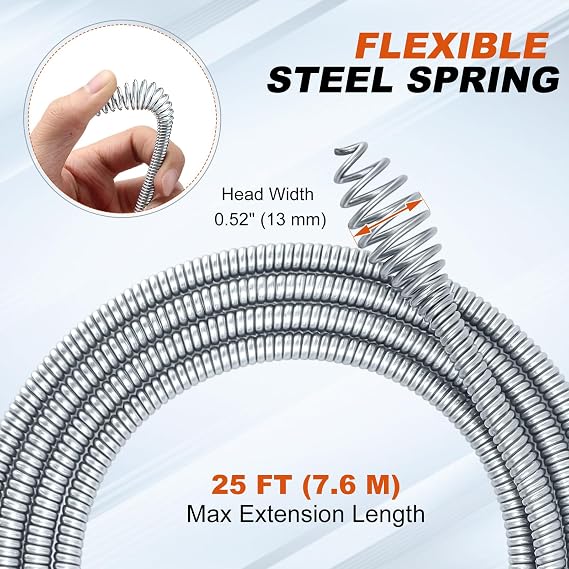 Auto-Feed Drain Snake Auger 25 ft with Drill Adapter, Plumbing Snake Drain Hair Removal Tool, Drain Auger Snake Hair Drain Clog Remover for Shower Kitchen Bathroom Sink, Come with Gloves