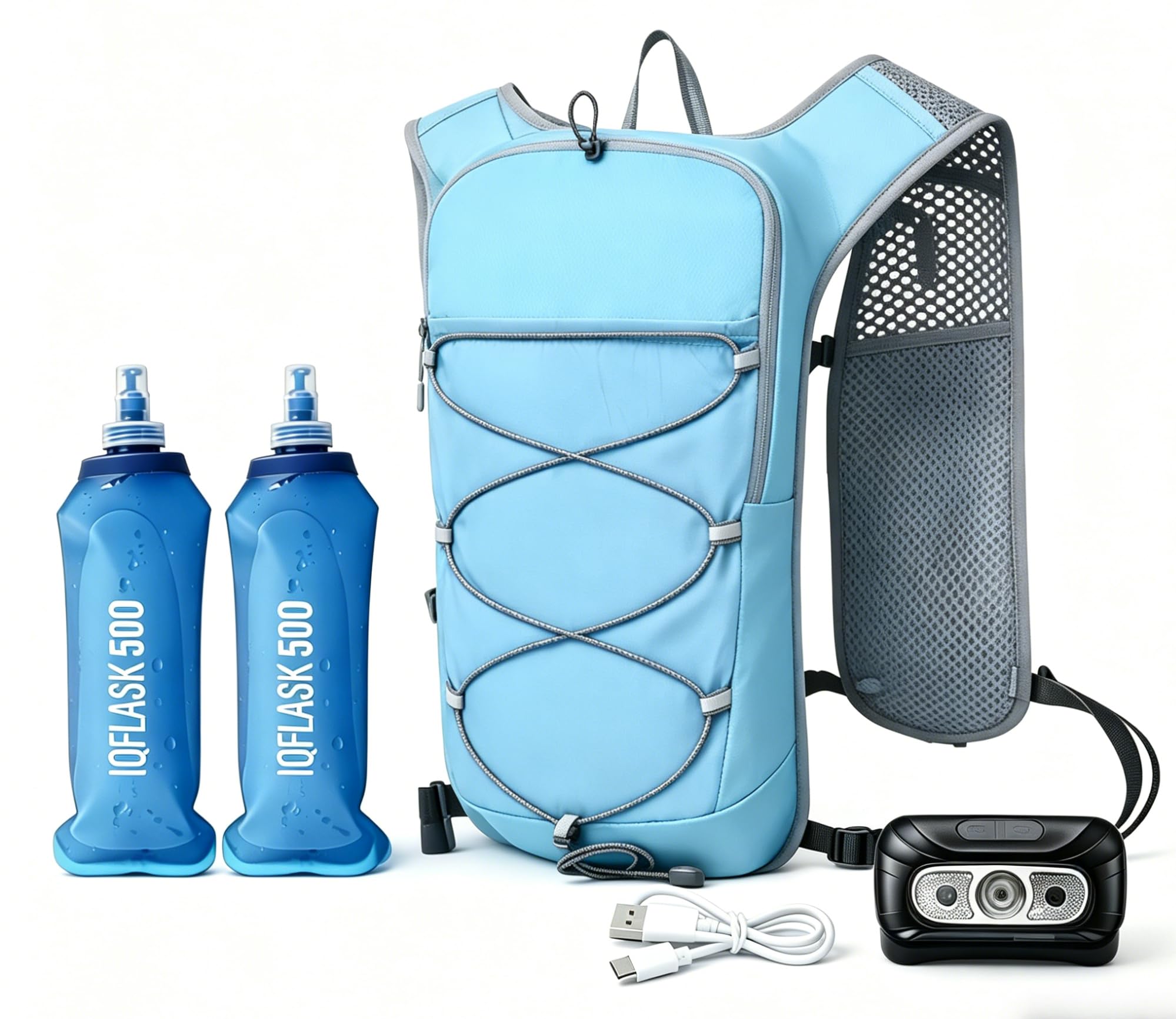 FIVAVA Gilet de course pour homme et femme - Avec 2 bouteilles pliables (500 ml) - Gilet de course réfléchissant avec sac à dos pour boire - Idéal pour marathon, trail running, jogging et cyclisme