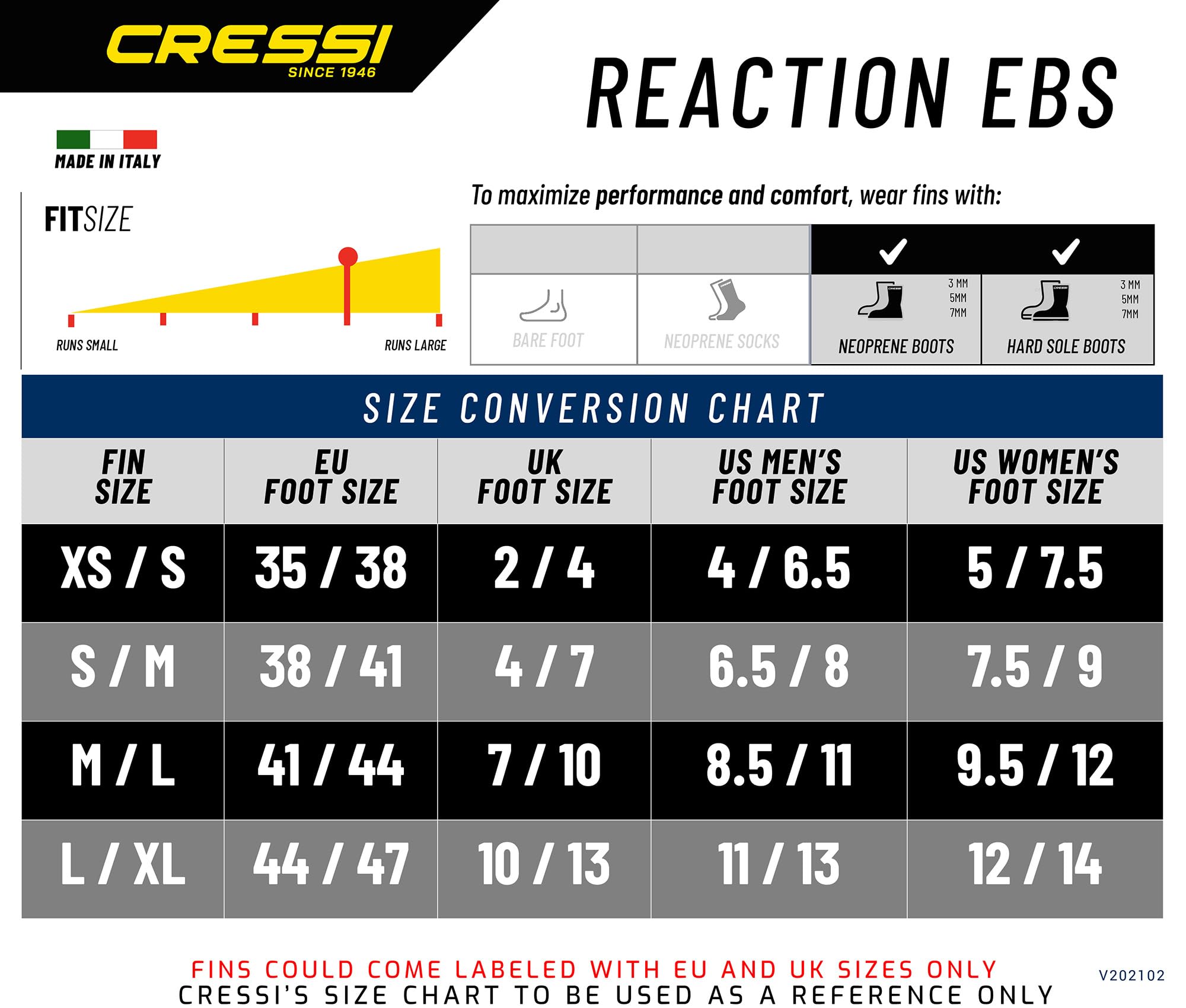 CRESSI Reaction EBS Pinne Subacquee con Sistema Elastico EBS – Pinna in Polipropilene Reattivo per Immersioni e Snorkeling – Spinta Potente, Calzata Comoda e Antiscivolo per Ogni Livello di Sub