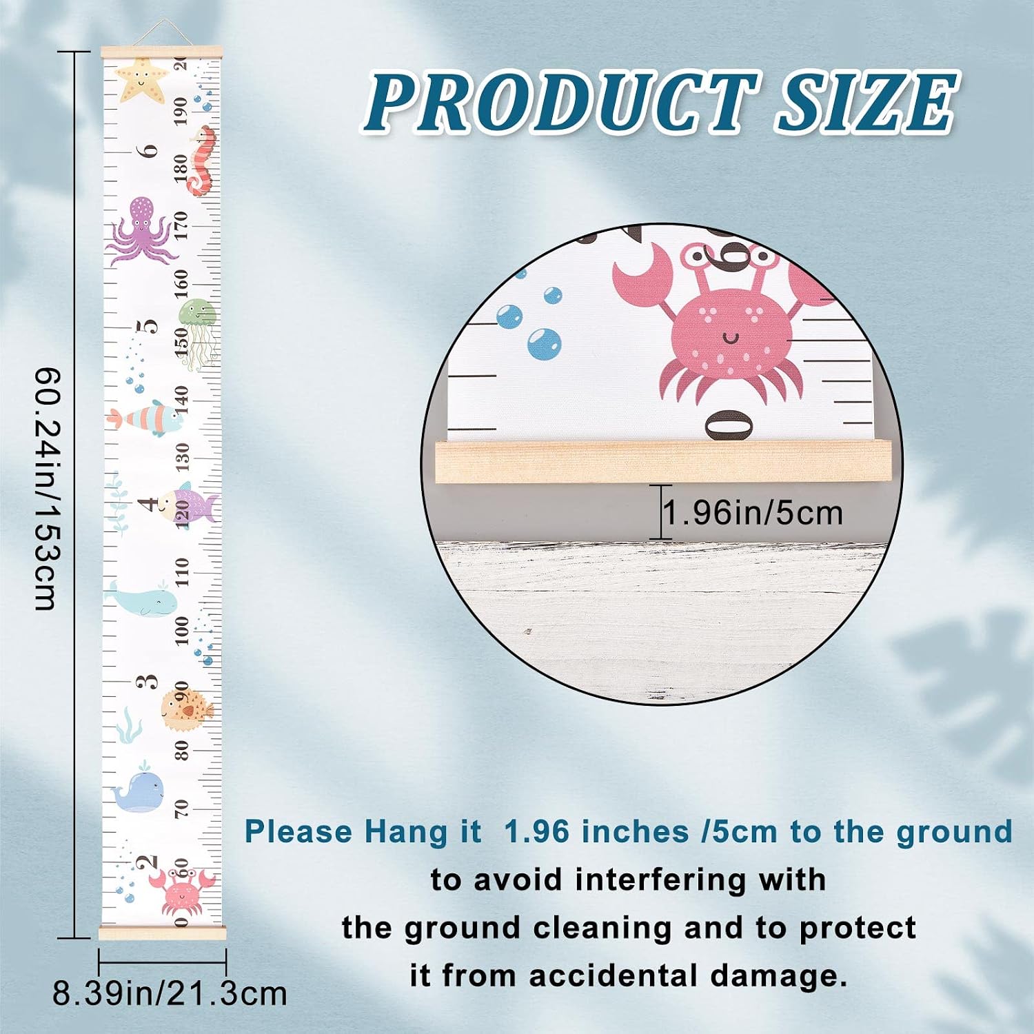 CREATCABIN Sea Animals Growth Chart Fabric Canvas Height Measurement Ruler Wood Frame Hanging Removable Cartoon Wall Rulers for Home Living Room Decoration Nursery Decor Gift 8.39 x 59 Inch