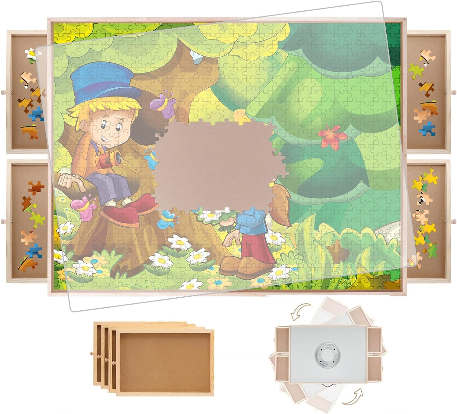 Table De Puzzle Rotative 1000 Pièces – Bois Avec 4 Tiroirs Et Couvercle – 57 X 76,7 Cm – Cadeau Noël Ou Anniversaire