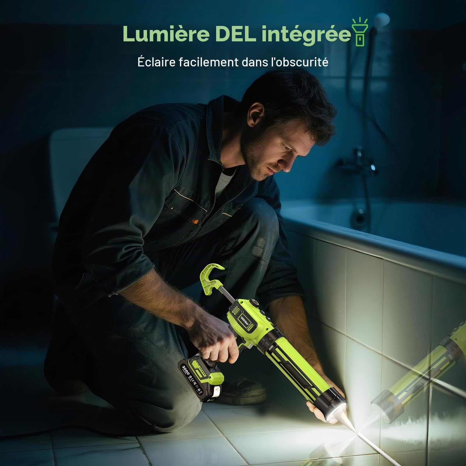 Pistolet à calfeutrer électrique compatible avec Makita-20 V, pistolet à calfeutrer sans fil avec 2 batteries de 2,0 Ah, lumière LED, vitesse variable, pistolet à mastic de batterie