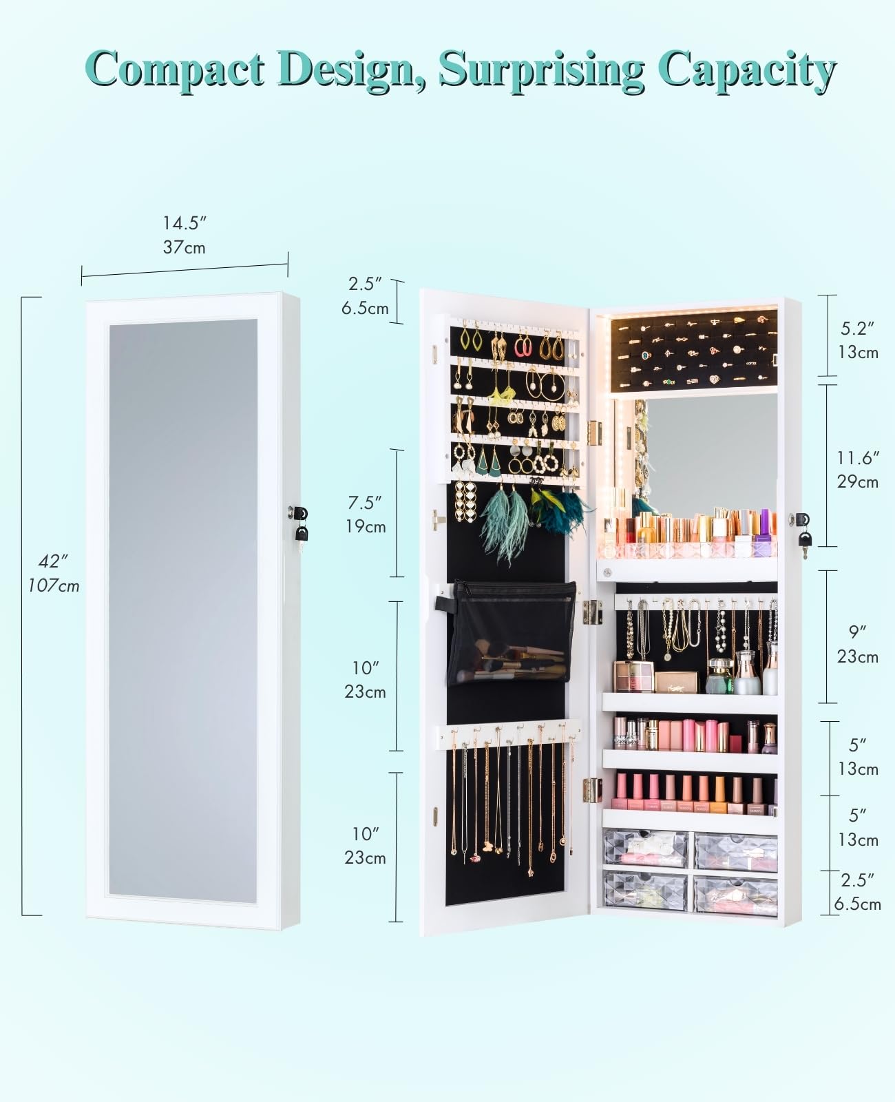 LUXFURNI Espejo de longitud completa con almacenamiento, 79 luces LED, armario de joyería, organizador de joyas montado en la pared o para colgar en la puerta con espejo, espejo de maquillaje