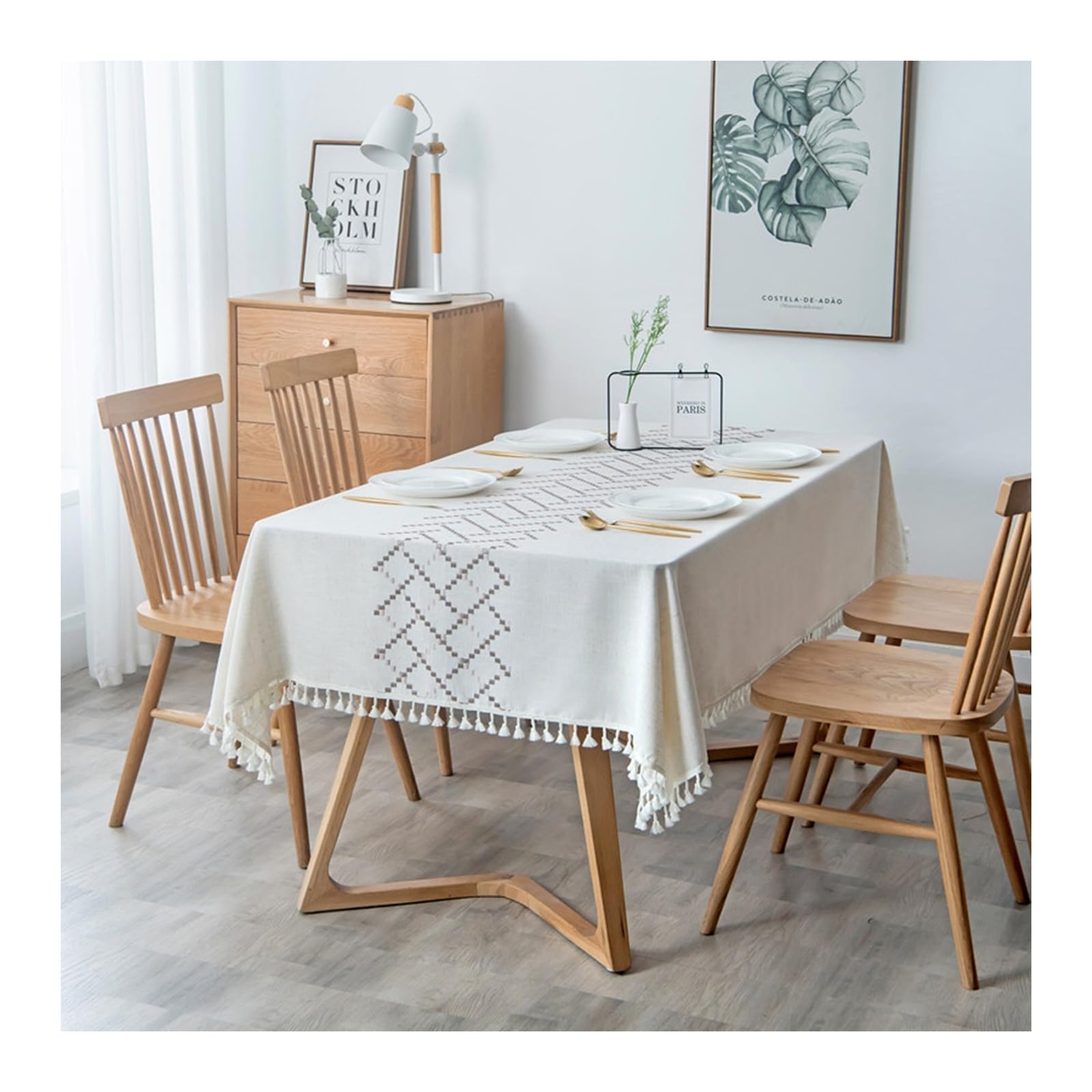 KnSam Mantel de 140 x 200 cm, rombo con borla, mantel de poliéster para exteriores, resistente a la intemperie, repele la suciedad, para salón, comedor, balcón, jardín, café beige