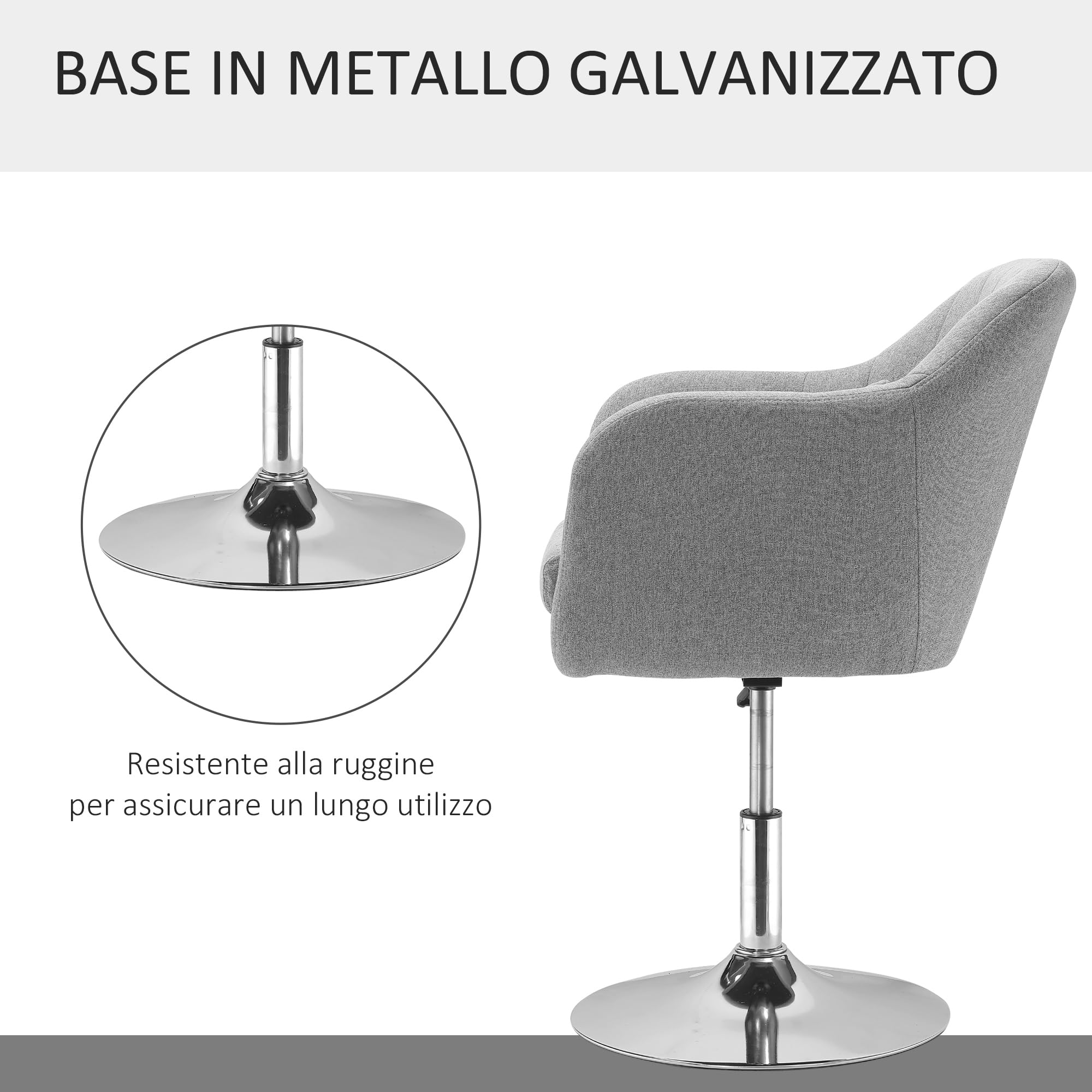 HOMCOM Sedia Girevole a 360° ad Altezza Regolabile in Poliestere, Sedia Moderna con Cuscino, Supporto Lombare e Bracciolo, 60x60x79-91 cm, Grigio