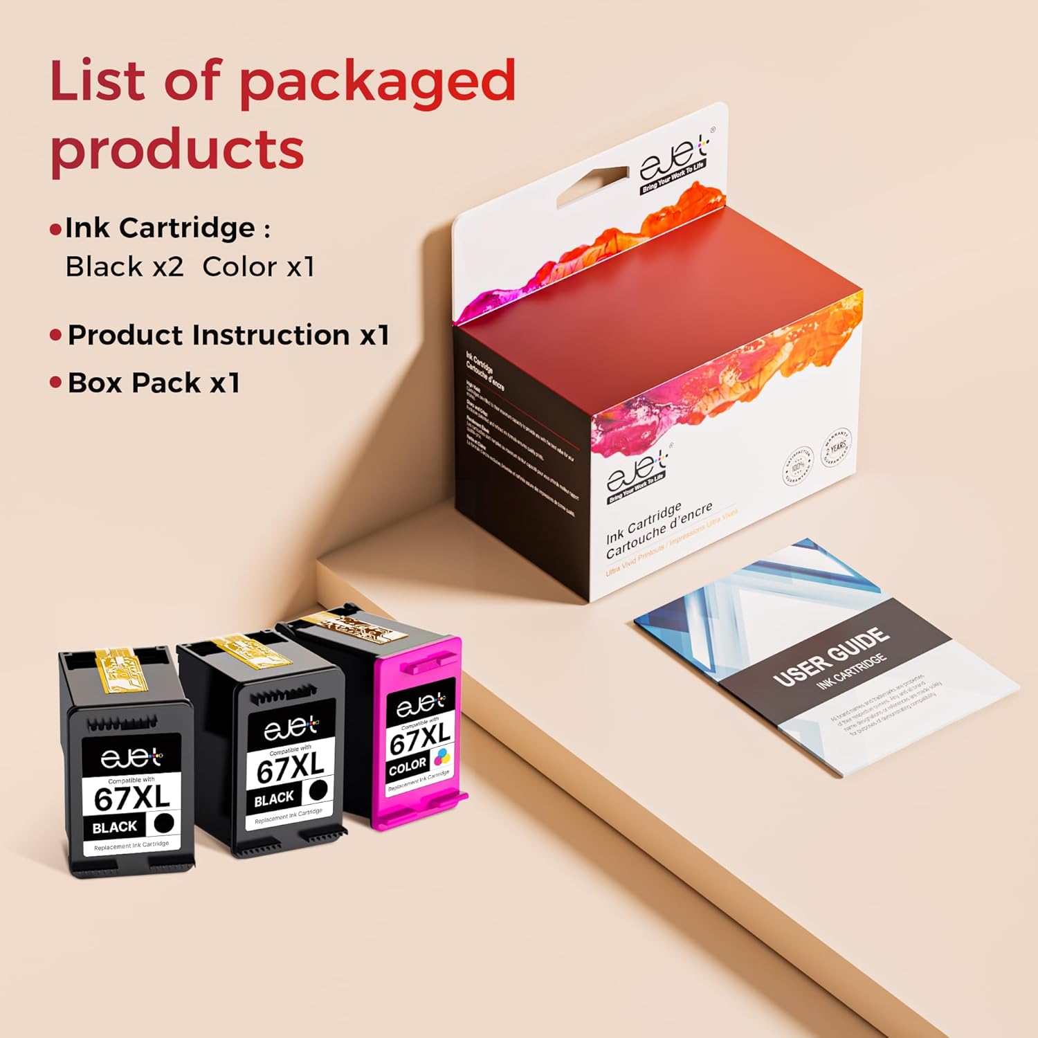 67XL 67 ink 3-Pack Compatible for HP Ink 67 Combo Pack Works with HP Deskjet 2700 2700e 2755 2755e 2855e 2800e 2852e 2827e 4100e 4155e 4227e 4255e Envy 6055e 6455e Series (2 Black 1 Color) | 3YP30AN