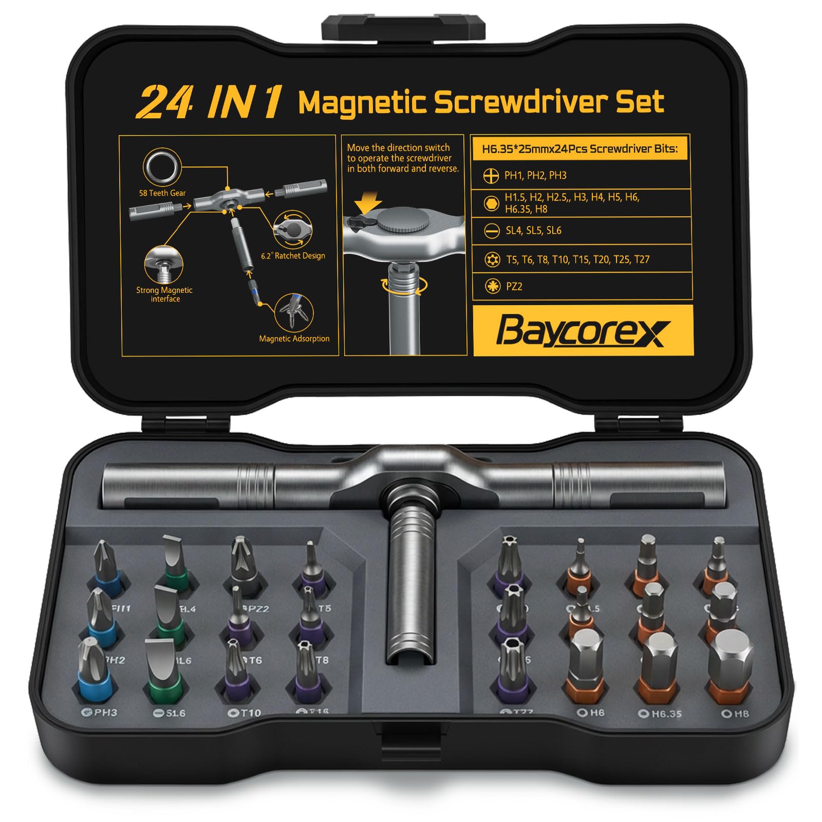 24 in 1 Magnetic Ratchet Screwdriver Set,T Handle Ratcheting Screw Driver Kit,Precision Allen Wrench Ratchet Case,Portable Compact Tool Kit for Home Repairs Electronics Furniture Bicycle