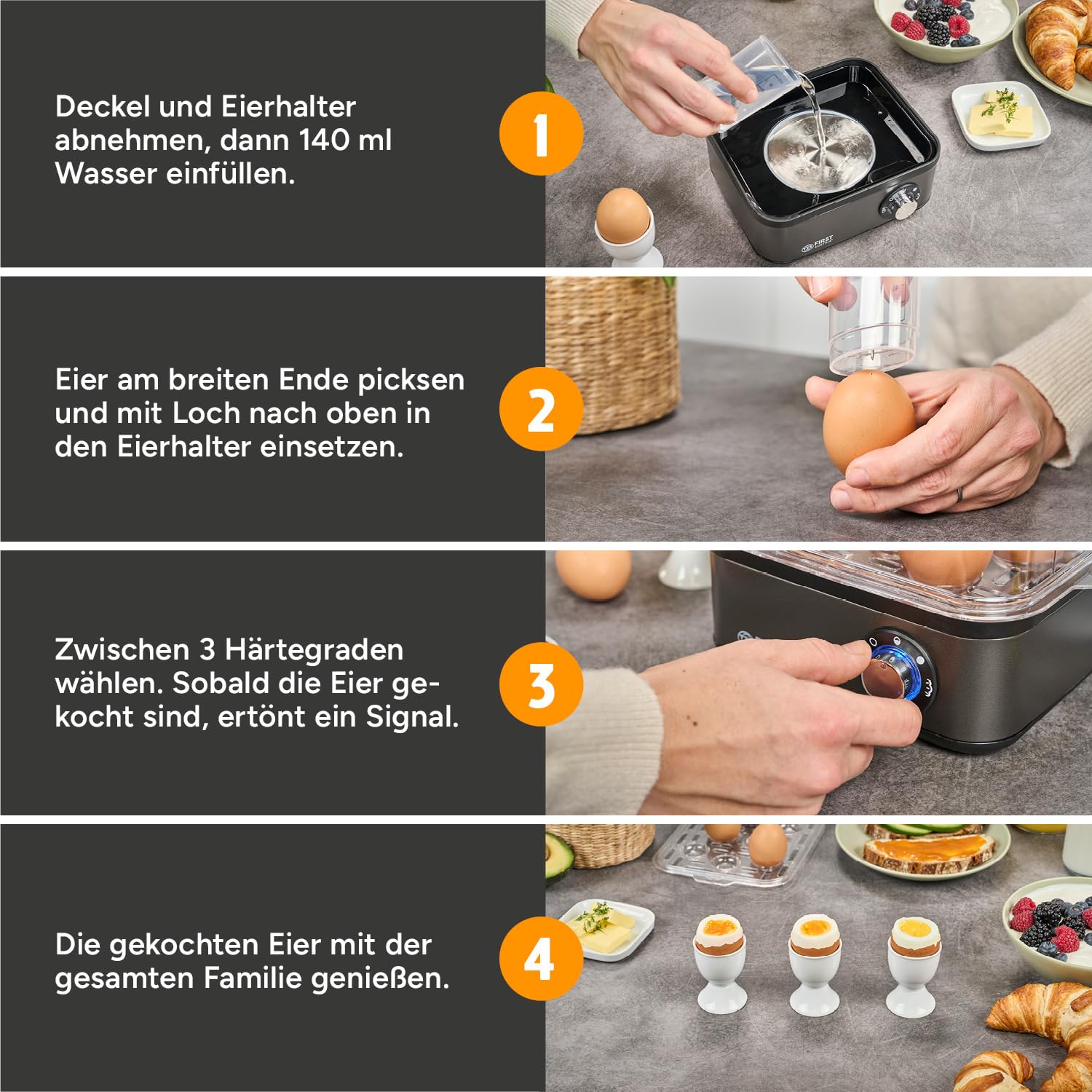 TZS First Austria Eierkocher Grau - 8 Eier Kapazität - 4 Kochstufen inkl. Dampfgarfunktion - Automatische Abschaltung mit Signalton - Trockenkochschutz - Messbecher & Pochierschale - Kompakt & Leicht