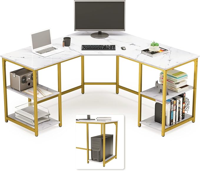 Elephance Large LShaped Computer Desk with Shelves, Corner