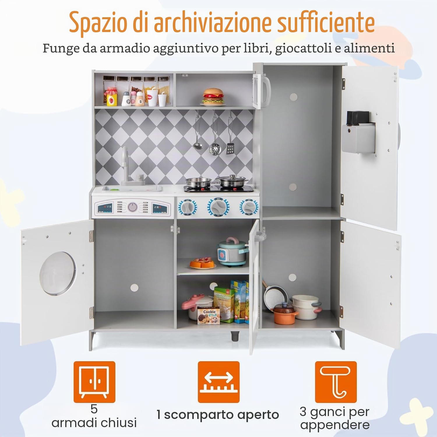 FANTASK Cucina per bambini in legno per bambini dai 3 anni in su, cucina in legno con luce e suono, cucina giochi con fornello, lavatrice, forno, microonde, accessori da cucina