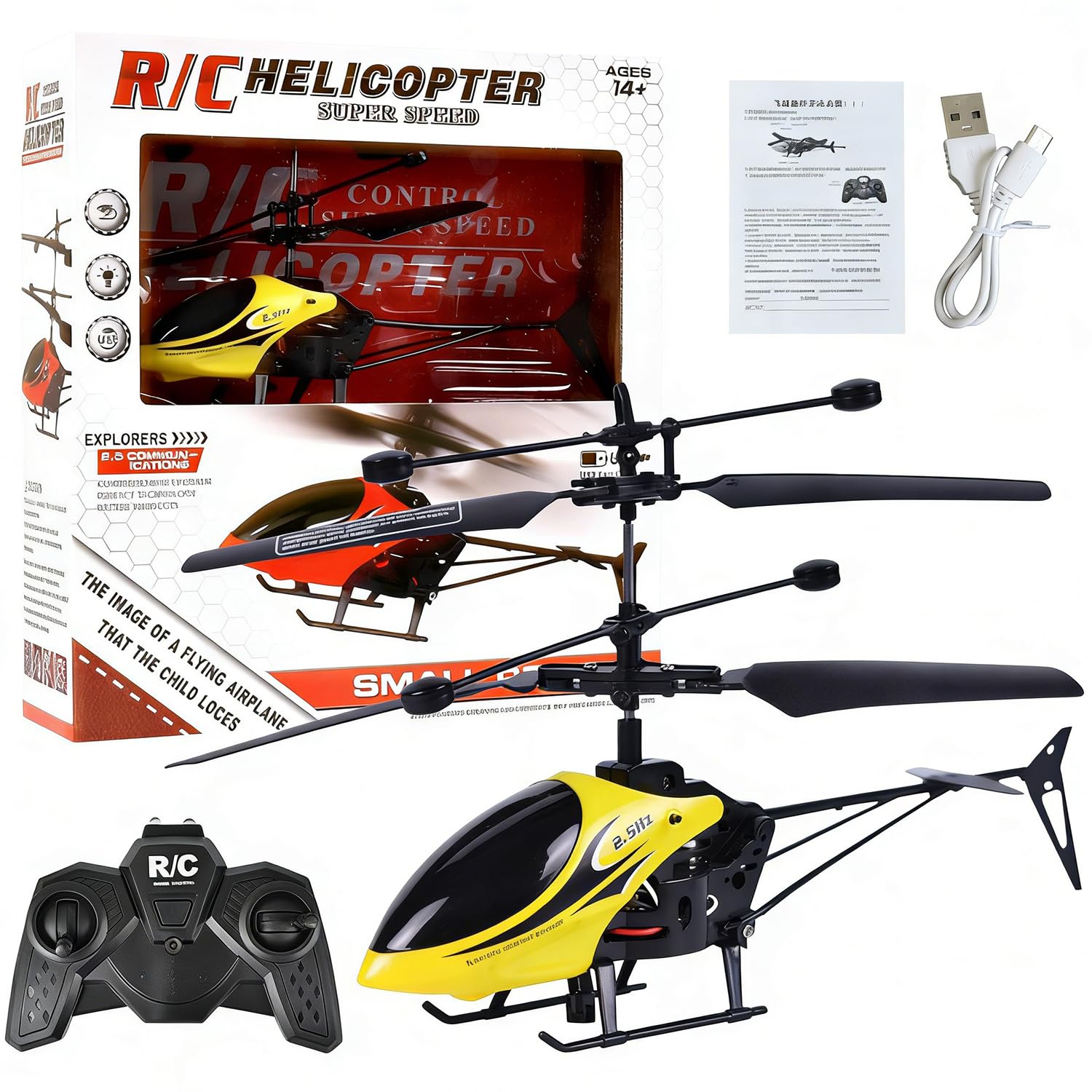 NimblusToy RC Helicopter, Remote Control Helicopter, 2 Channel RC Helicopter with LED Light, Indoor Radio Controlled Aircraft, One-Key Take-Off, RC Planes Ideal Festival Gifts - Yellow
