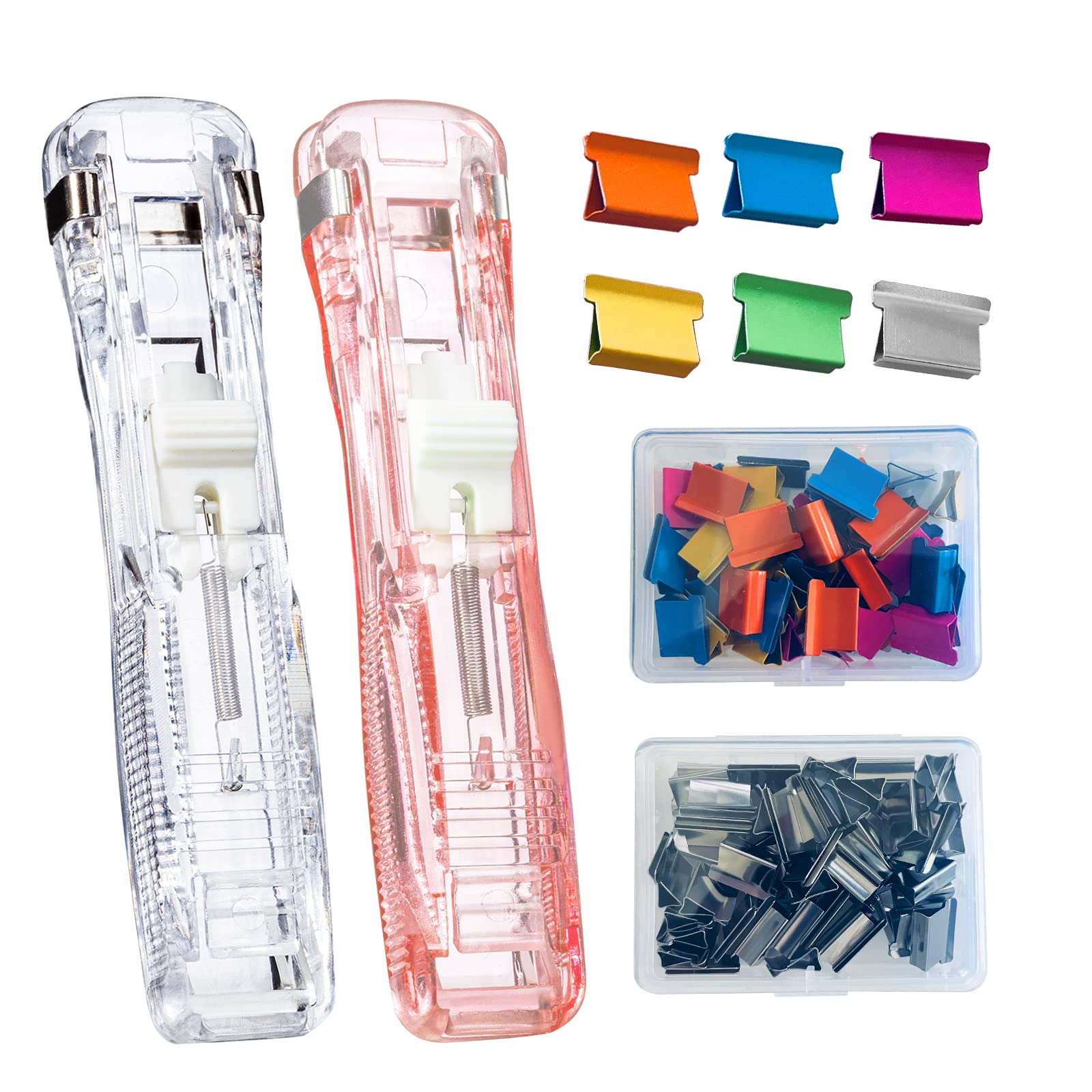 Photo 1 of Reusable Portable Paper Clam Clip Dispenser Refill Clips, 40 Sheet Capacity-2Pcs Clam Clip Dispenser 100 Metal Refill Clips (50 Silver + 50 Color) for Home School Desk Office (Pink and White)