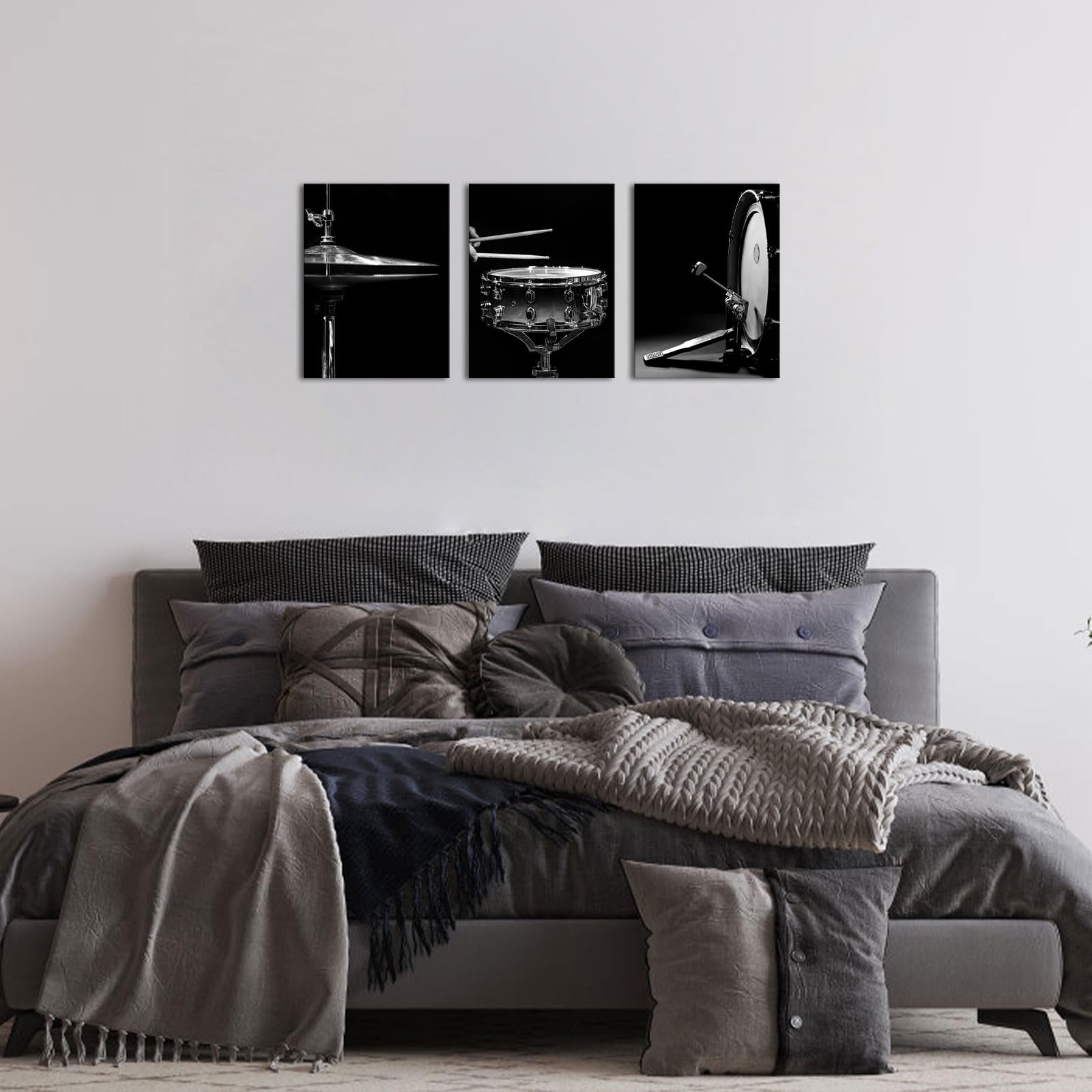 Canvbay Stampa artistica da parete in bianco e nero con kit di batteria jazz, poster con strumenti musicali, decorazione moderna per la casa per sala da studio rock, 30,5 x 40,6 cm, 3 pezzi
