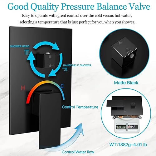 Miniatura 7 de Sistema de ducha de lluvia de 12 pulgadas con juego combinado de mano para baño, juego de grifo de ducha de alta presión montado en la pared,