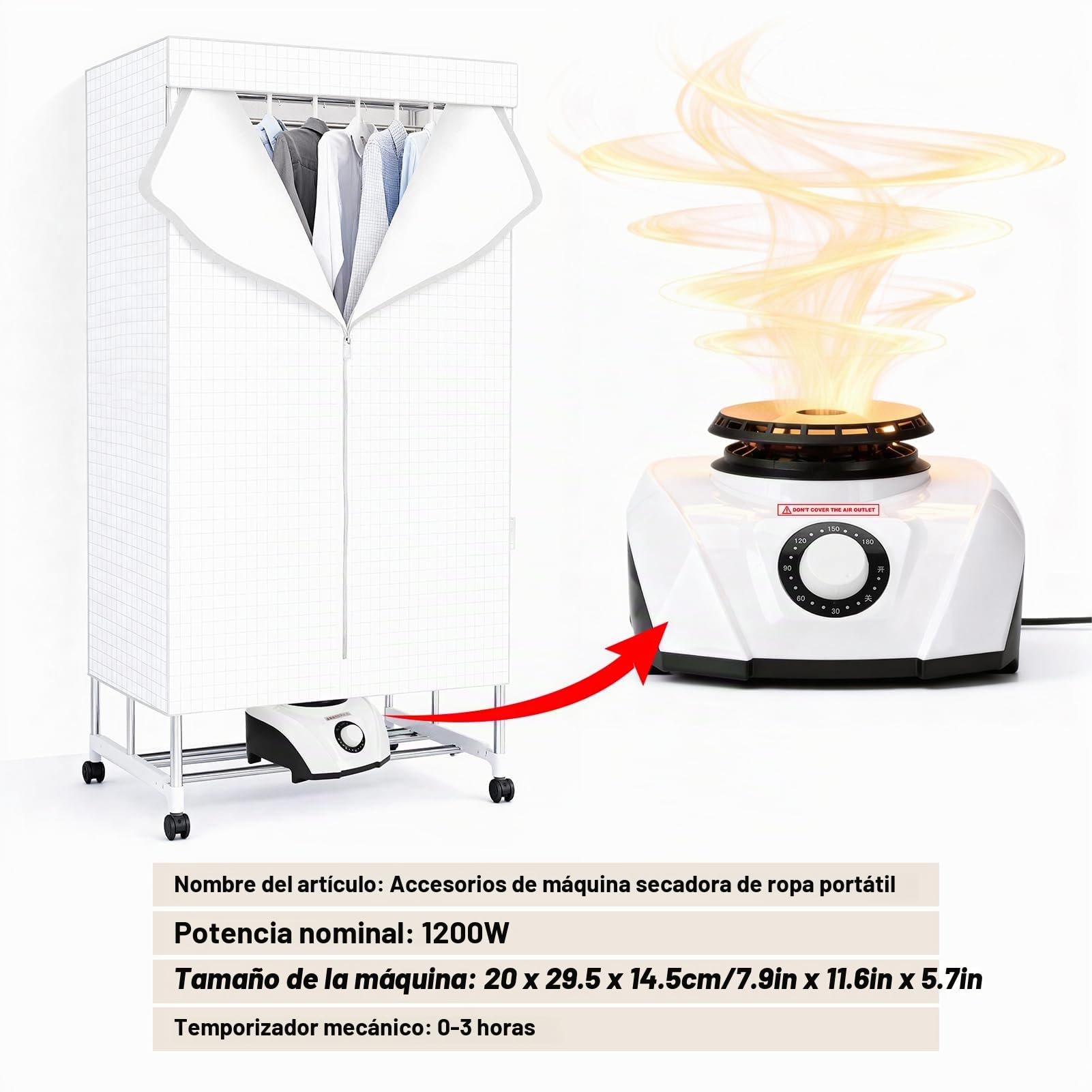Secadora de Ropa Portatil 1200w, Secadora Eléctrica Pequeña con Temporizador, Adecuada para Secado Y Calefacción De Ropa para El Hogar, Enchufe Europeo 220v