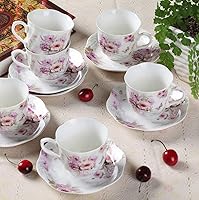 Vista 7 de GuangYang 7 oz Porcelain Tea Cups and Saucers set of 6,Purple Fancy Floral