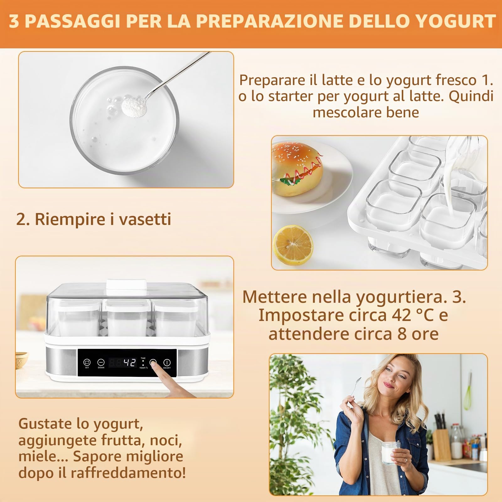 Yogurtiera Elettrica, Macchina per Yogurt in Argento Premium, Yogurtiera con 9 Vasetti da 170 ml, Yogurt Senza Zucchero Fatto in Casa, con Timer Digitale, Arresto Automatico, Display LCD, 40 W