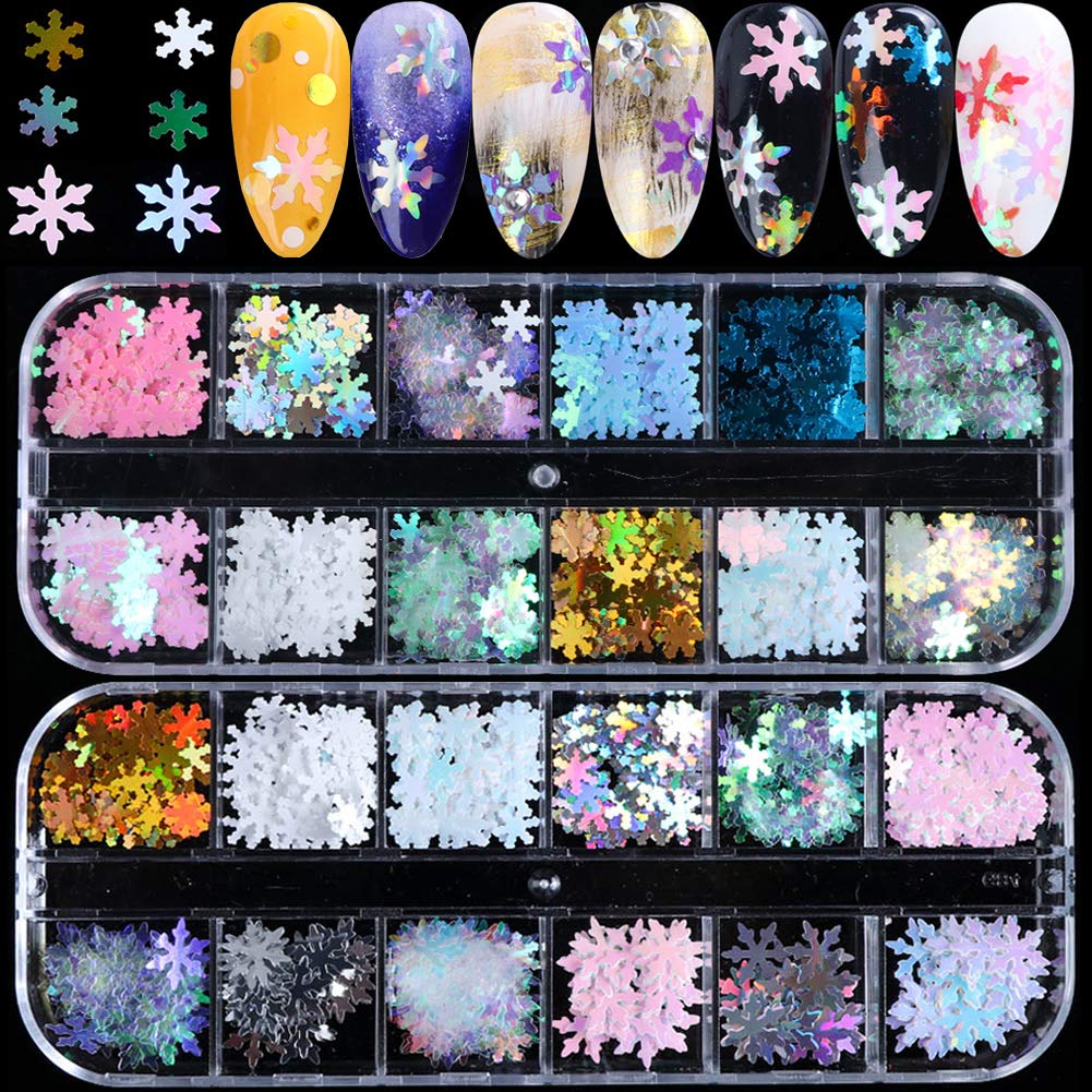 Snowflake Glitter Nail Sequins Christmas Nail Art Stickers 3D Snowflakes Nail Glitters Flakes Holographic Laser Winter Nail Decals Confetti Glitters Nail Art Decoration for Women Girls (2 Boxes)