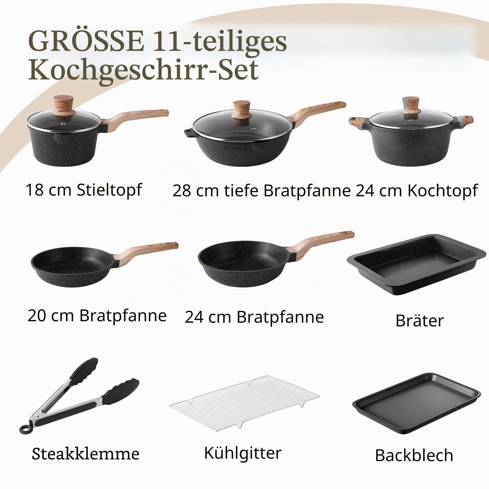 RIOVARM Induktion Töpfe und Pfannen Set mit Deckeln Antihaft beschichtung Granit Kochgeschirr-Set PFOA-frei Kochgeschirr-Set mit Holzmaserungs-Griff Bratpfanne Casserole Backform