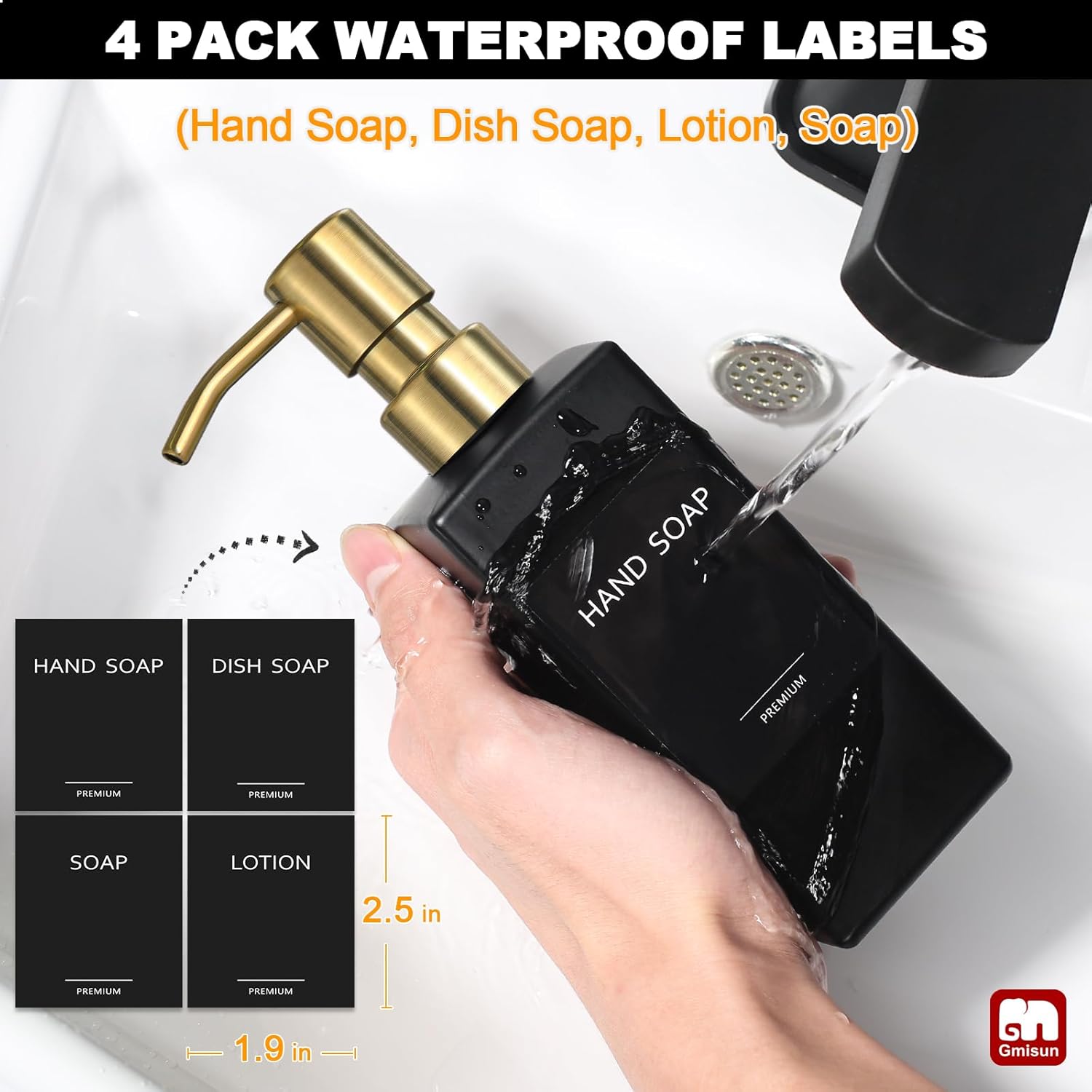 GMISUN Gold Soap Dispenser, Black Soap Dispenser Bathroom with Stainless Steel Pump, Hand and Dish Soap Dispensers Set for Kitchen, 12 fl oz/350ml Glass Liquid Refillable Lotion Dispenser Bottle - Image 4