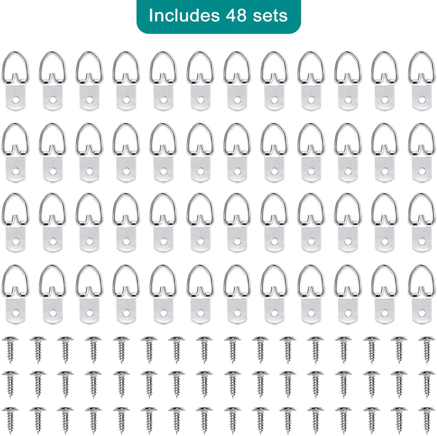 D Ring Picture Hangers with Screws, Small D Hooks for Hanging Frames, Mirrors, Canvas Art, Signs and Paintings (48 Pack)