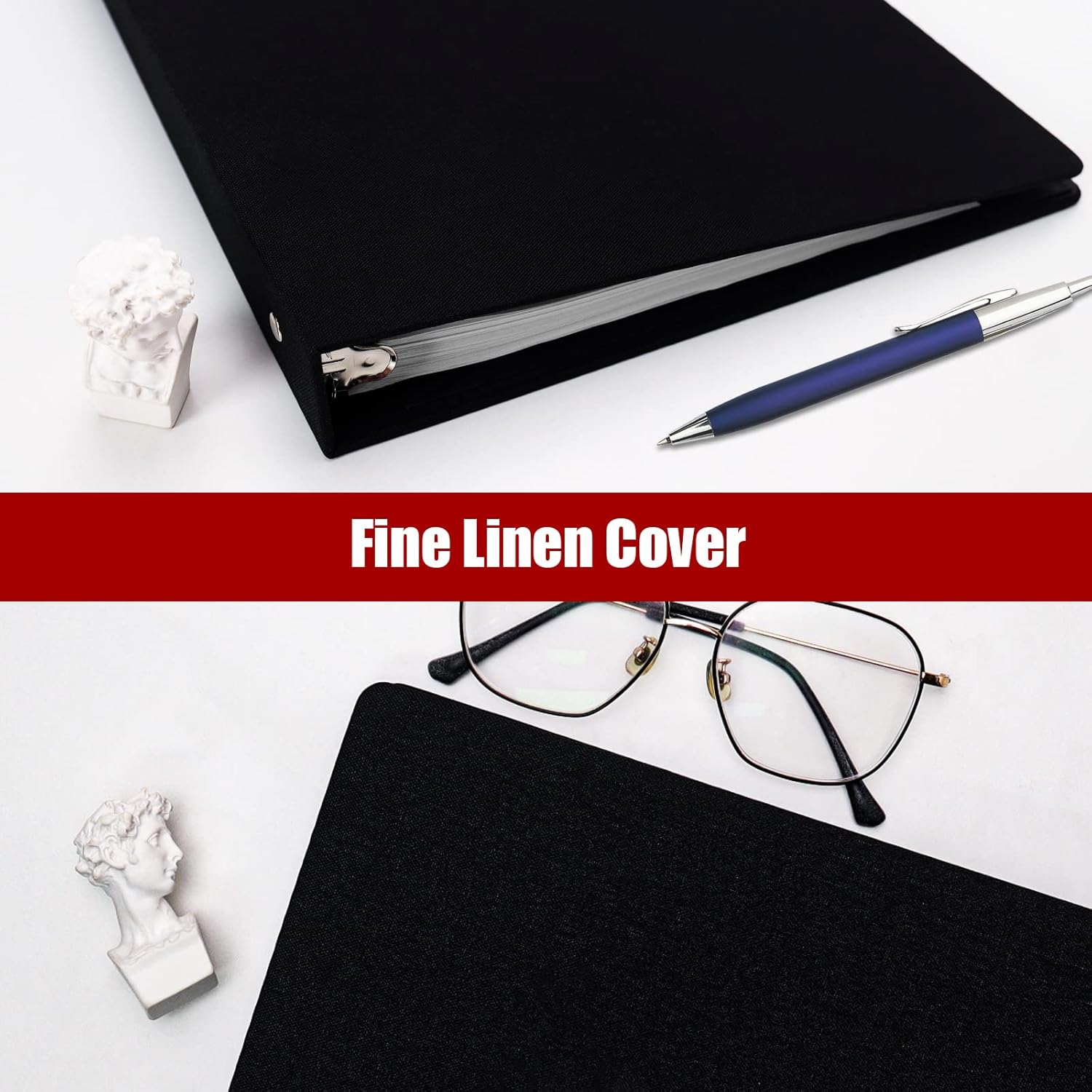 Vienrose 3 Ring Binder 1 Inch Round Rings with Linen Fabric Cover, Fits 8.5 x 11 Inch Paper, Durable Organizer for School, Office, Home, Recipes (2 Pack,Black)