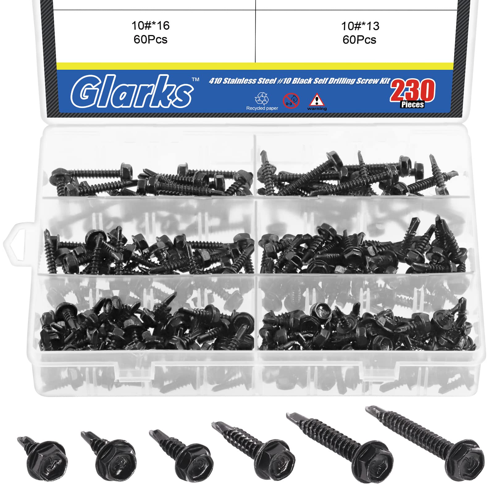 Glarks 230Pcs 410 Stainless Steel #10 Hex Washer Head Self Drilling Screws Assortment Kit 6 Size Black #10x1/2", 10x5/8"
