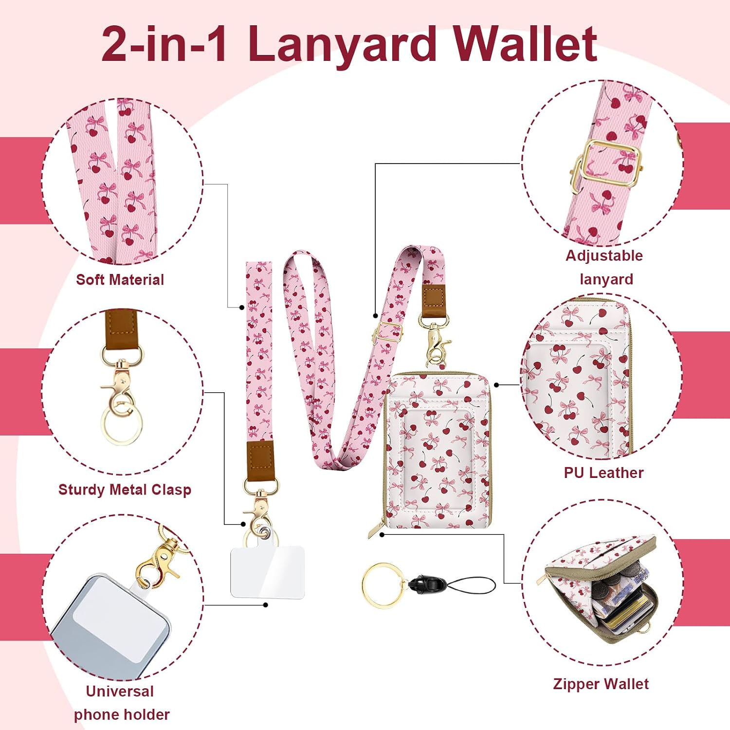 PU Leather Lanyard Bow-Tied Cherries Wallet with ID Badge Holder with 1 Zip Pocket and 3 Card Slots Keychain for Office School Business image 3