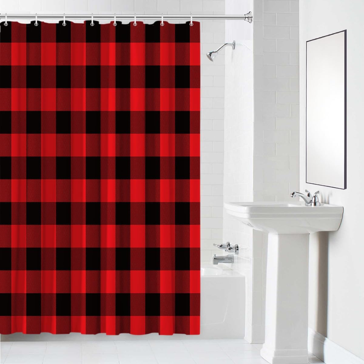 Prime Leader Shower Curtains for Bathroom Sets Red Black Buffalo Check Plaids Christmas Bath Curtain Durable Waterproof Polyester Washable Shower Curtain Bathroom Accessories with Hooks 72" x 72"