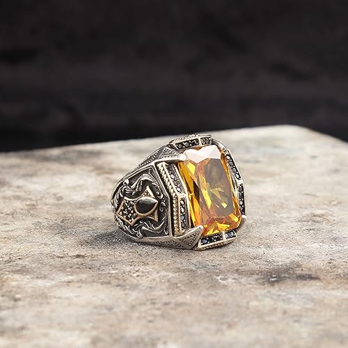 Miniatura 3 de 925 Sterling Silver Citrine Stone Men Silver Ring, Citrine Stone Men's Ring, Handmade Engraved Men's Silver Ring, Turkish Silver Ring