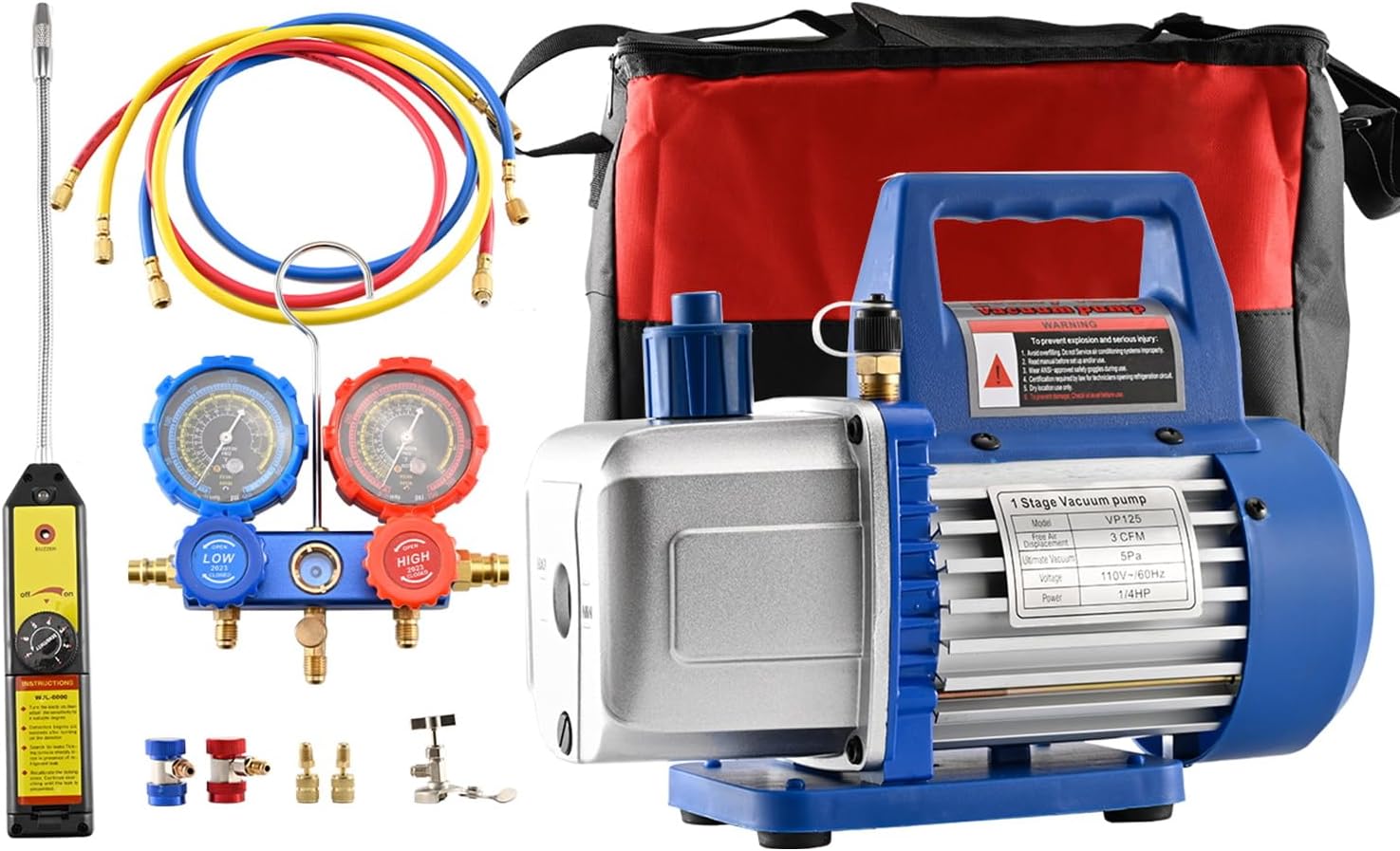 Vacuum Pump 110V 1/3 HP 4CFM Single Stage Rotary Vane and R134a AC Manifold Gauge Set Kit No Oil with Leak Detector and Carry Bag for HVAC Air Conditioning Refrigeration Recharging