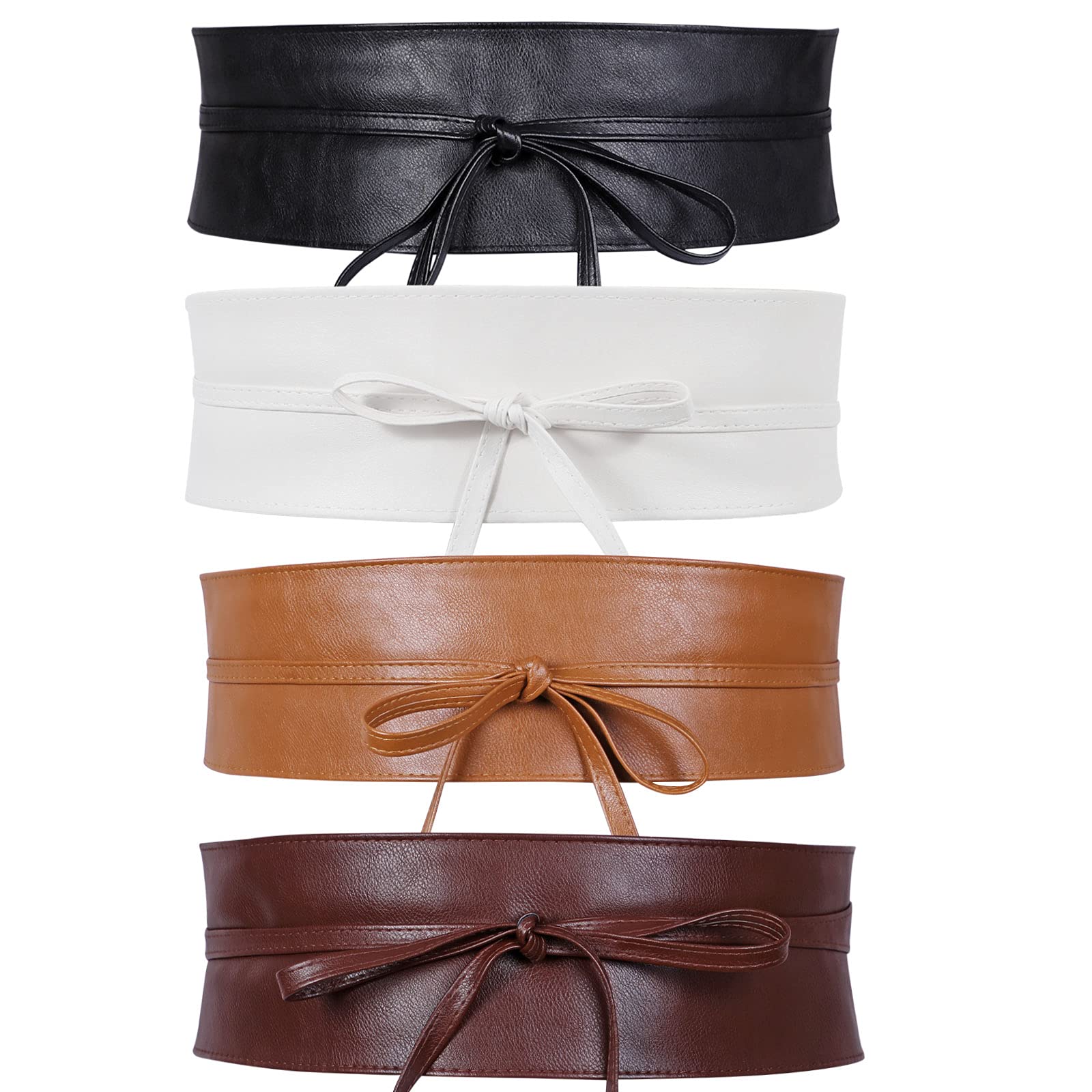 WERFORU4 Pack Women Obi Belt PU Leather Self Tie Wrap Wide Waistband Boho Belt for Costumes