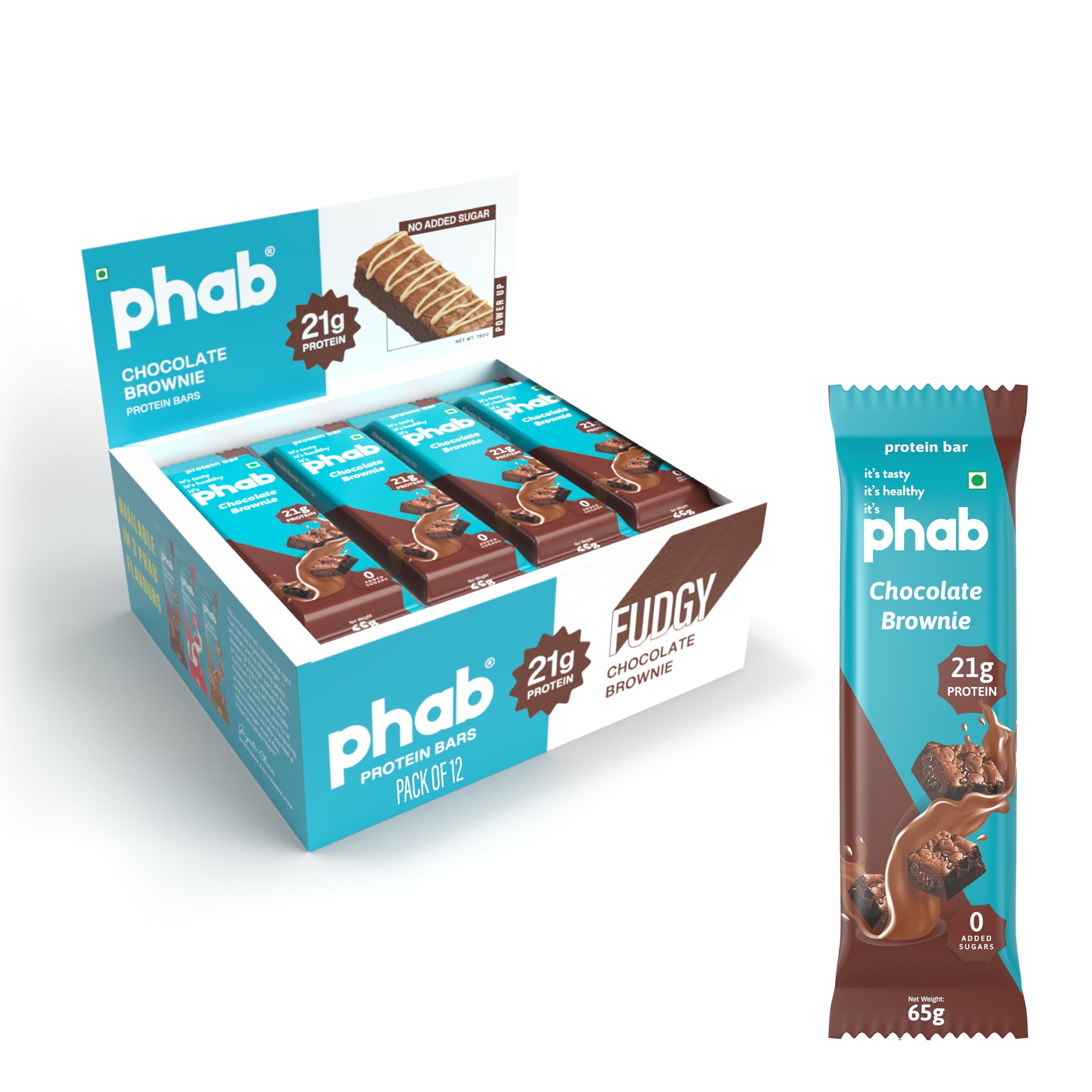 Phab Chocolate Brownie Protein Bar With 21G Protein,8G High Fibre & 0 Added Sugar 100% Vegetarian|Diabetic Friendly Healthy & Tasty Protein bars|Trans Fat-Free & No Preservatives(Pack of 12 x 65G)
