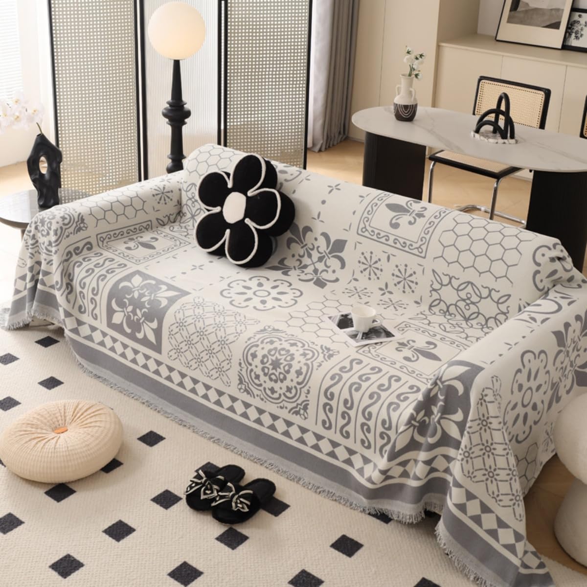 Manta De Sofá Grande, Manta De Sofá A Cuadros 1/2/3/4 Plazas, Manta Grande Reversible Antideslizante, Estilo étnico Geométrico Moderno con Borlas para Sillón Cama Doble (Gris,180x90cm)