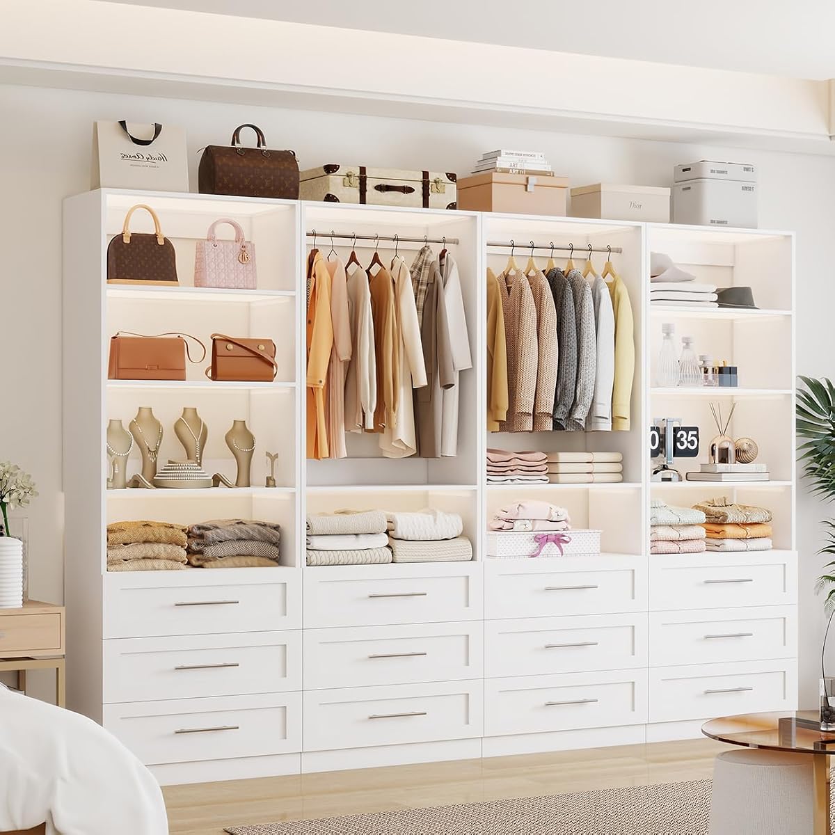 Closet System with 12 Drawers, 96" Wooden Closet Organizer System | 8–21FT Walk-in Storage Modular Closet Systems with 10 Shelves, 6 Expandable Hanging Rods, 4 Sets, Engineered Wood.