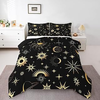 Sun and Moon Comforter Set King Size Cute Boho Hippie Style Kids Bedding Set for Girls Space Galaxy Boho Quilt Duvet 3 Pieces, 1 Pink Quilt and 2 Pillowcasess