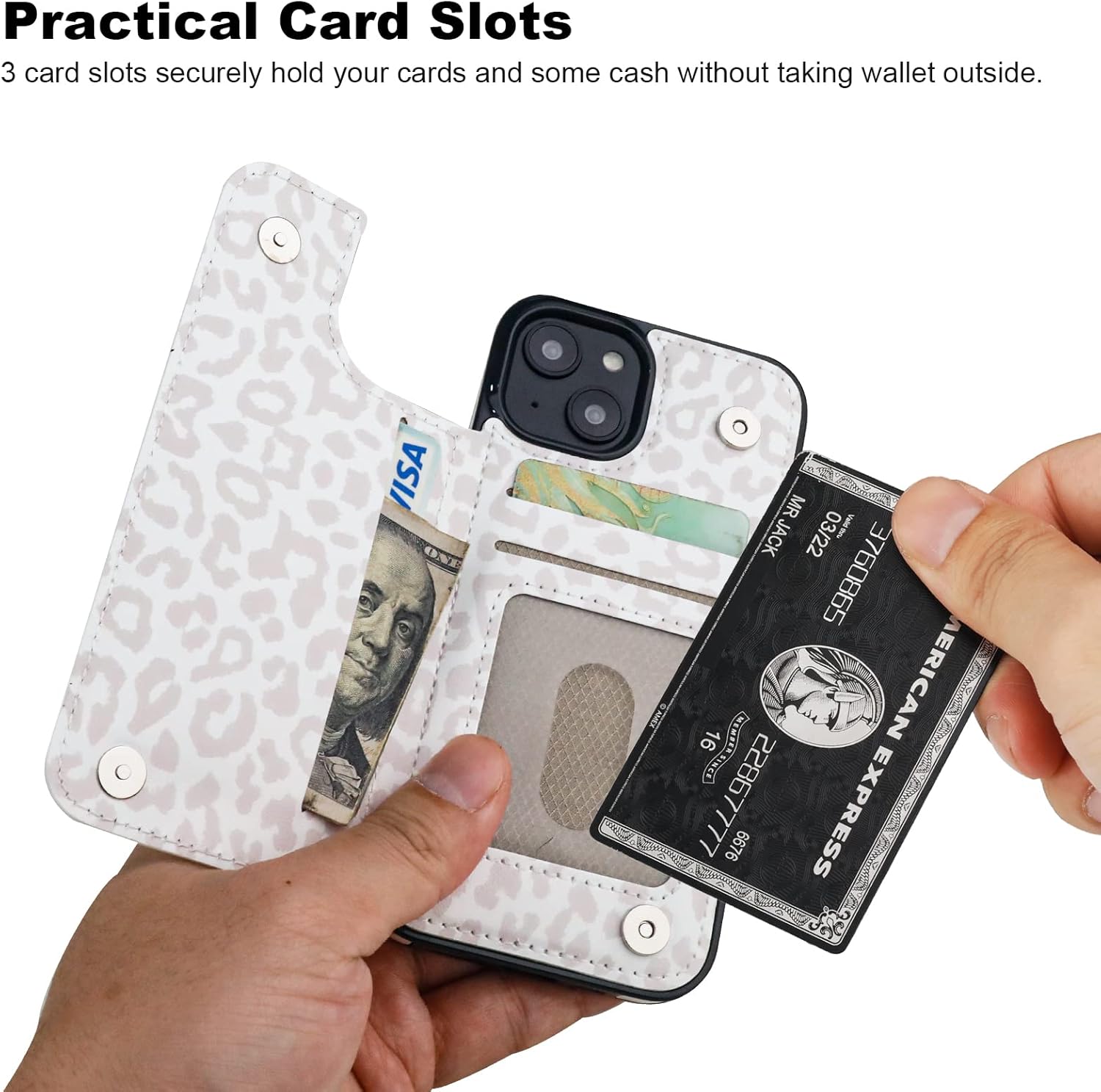 HAOPINSH for iPhone 14 Wallet Case with Card Holder, White Leopard Pattern Back Flip Folio PU Leather Kickstand Card Slots Case for Women Girls, Double Magnetic Clasp Shockproof Cover 6.1" - Image 3