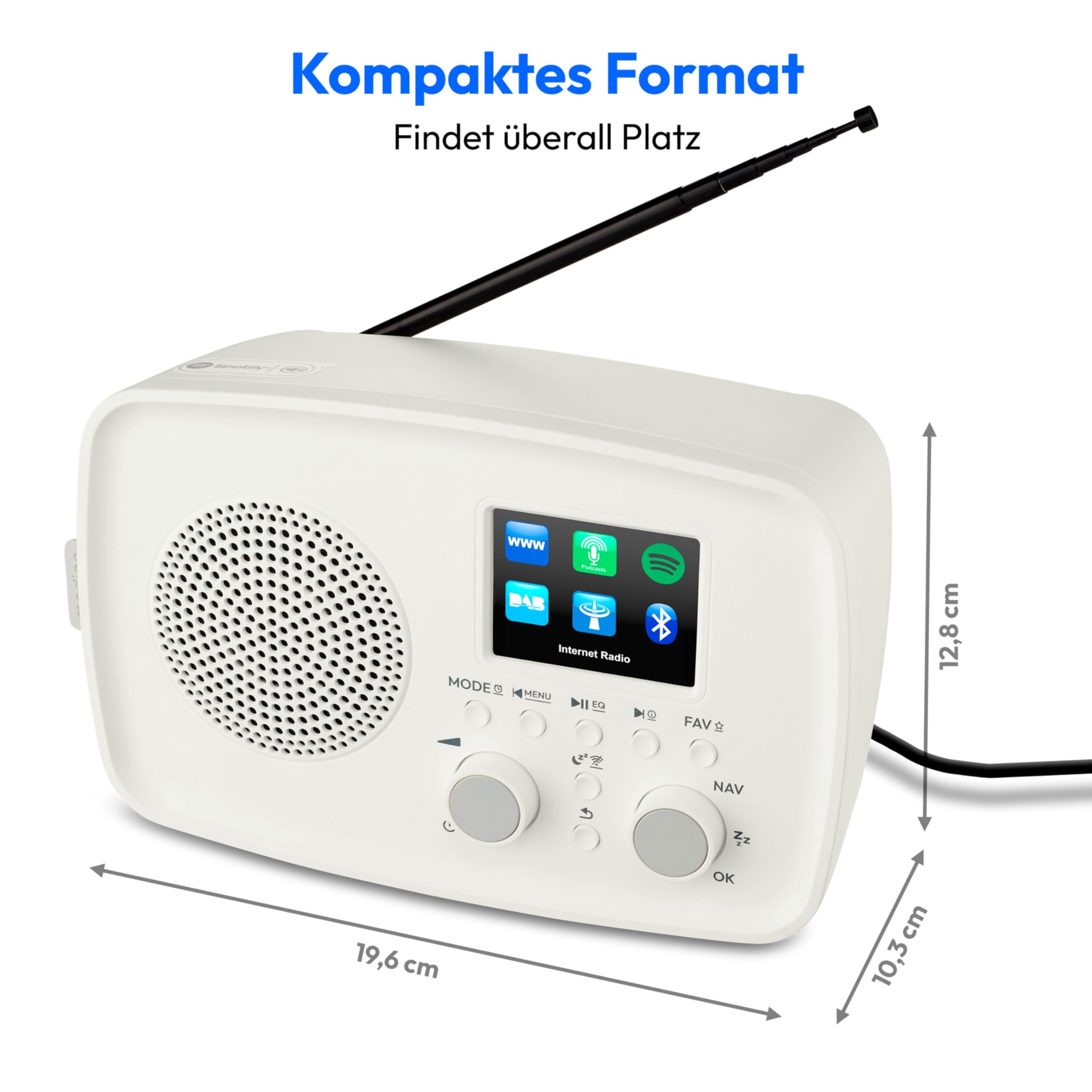 MEDION Internetradio mit DAB+ Life IRE-1 (WLAN, DAB Plus UKW Radio, Bluetooth, EQ, Tropfwasserschutz, Teleskopantenne, Spotify Connect, Wecker, Schlummerfunktion, Einstellbarer Display-Dimmer) weiß