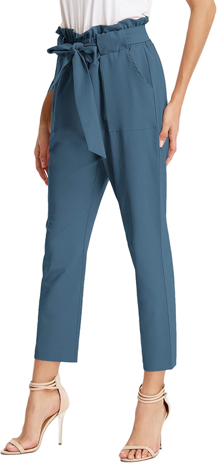 GRACE KARIN Women's Cropped Paper Bag Waist Pants with Pockets Small Deep Blue Haze