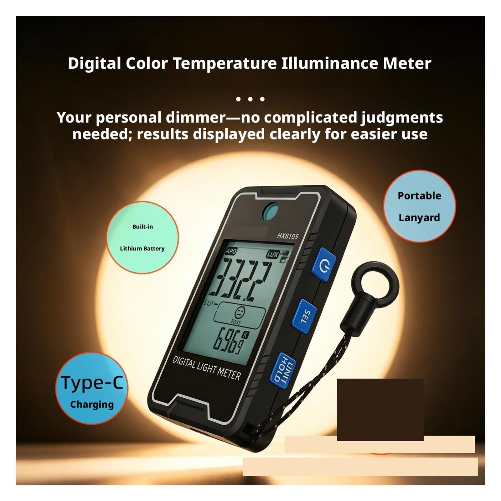 Medidor de Luz, Mini medidor Recargable de Temperatura Color y Lux, probador Humedad Ligera 4 en 1