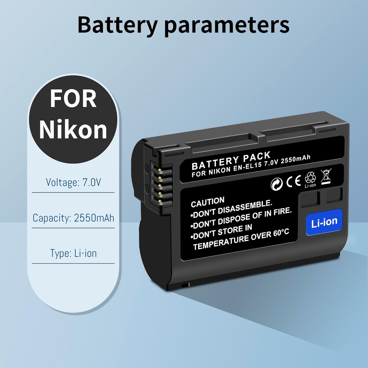 2-Pack EN-EL15 EL15a EL15b EL15c Replacement Battery(2550mAh) and USB Dual Charger Compatible with Nikon ZF Z6 Z7 Z8 D750 D850 D7000 D7100 D7200 D7500 D500 D600 D610 D780 D800 D800E D810 D810A - Image 2