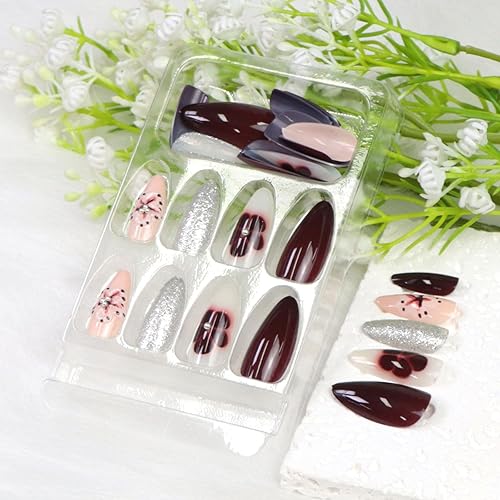 Miniatura 71 de Uñas postizas medianas a presión con lazos 3D, diseño de diamantes de imitación, punta francesa, pegamento brillante en las uñas acrílicas blancas