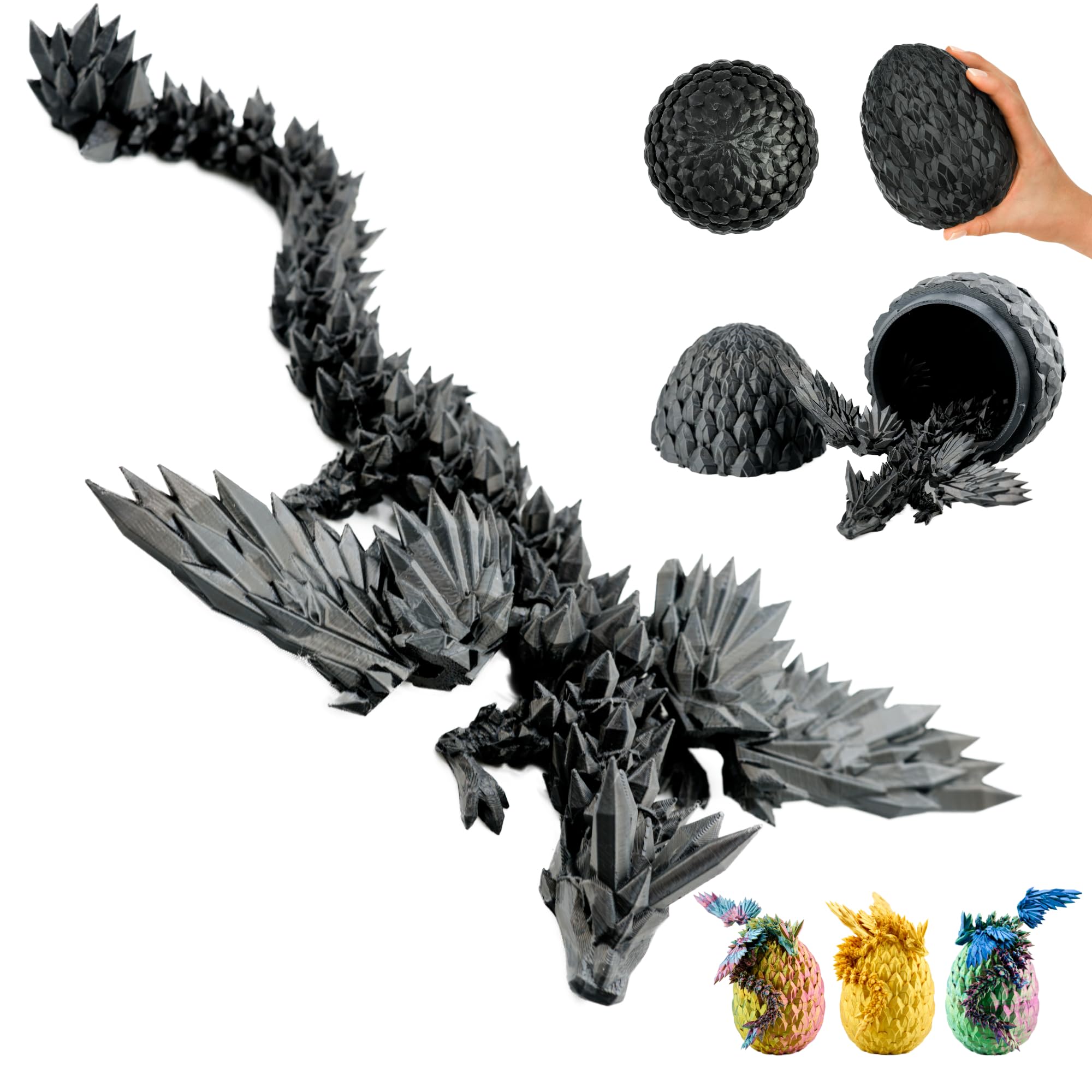 3D Dragon with Wings in Egg, 23 cm Decorative Collectible Figurine with 12-cm Egg, Black Dragon with Movable Element