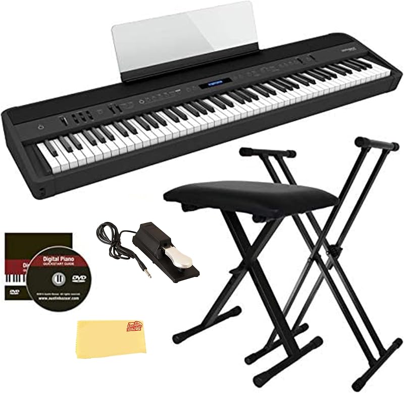Piano digital Roland FP-90X de 88 teclas, paquete negro con soporte ajustable, banco, pedal de sostenido, lecciones de piano en línea, DVD instructivo y paño de pulido Austin Bazaar