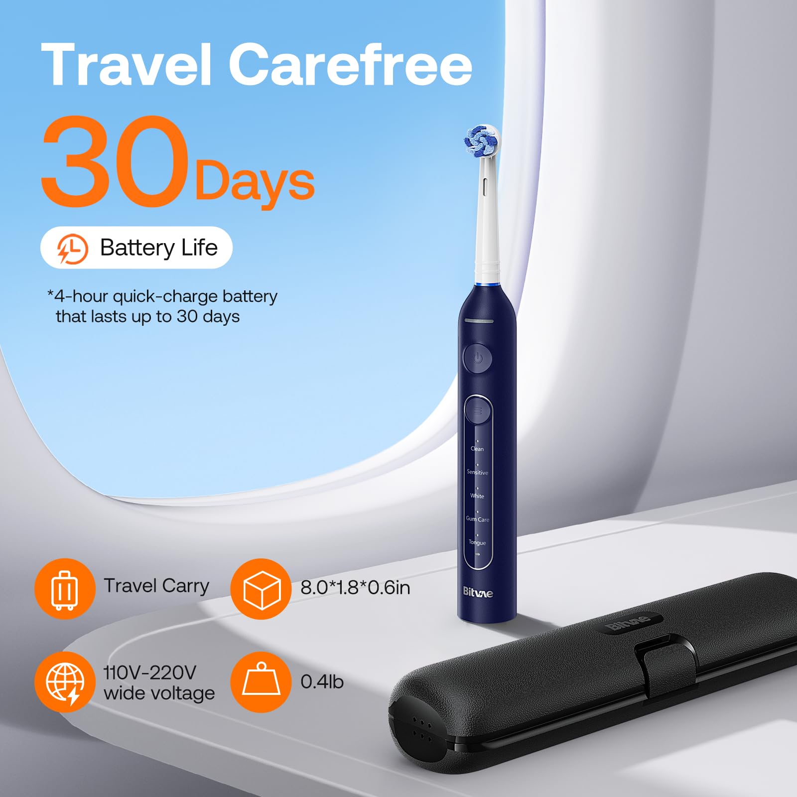 Bitvae R2 Brosse à dents électrique de voyage rotative, 8 têtes de brosse à dents professionnelles, étui de transport, 5 modes de soins des dents, alertes de pression pour éviter les blessures aux