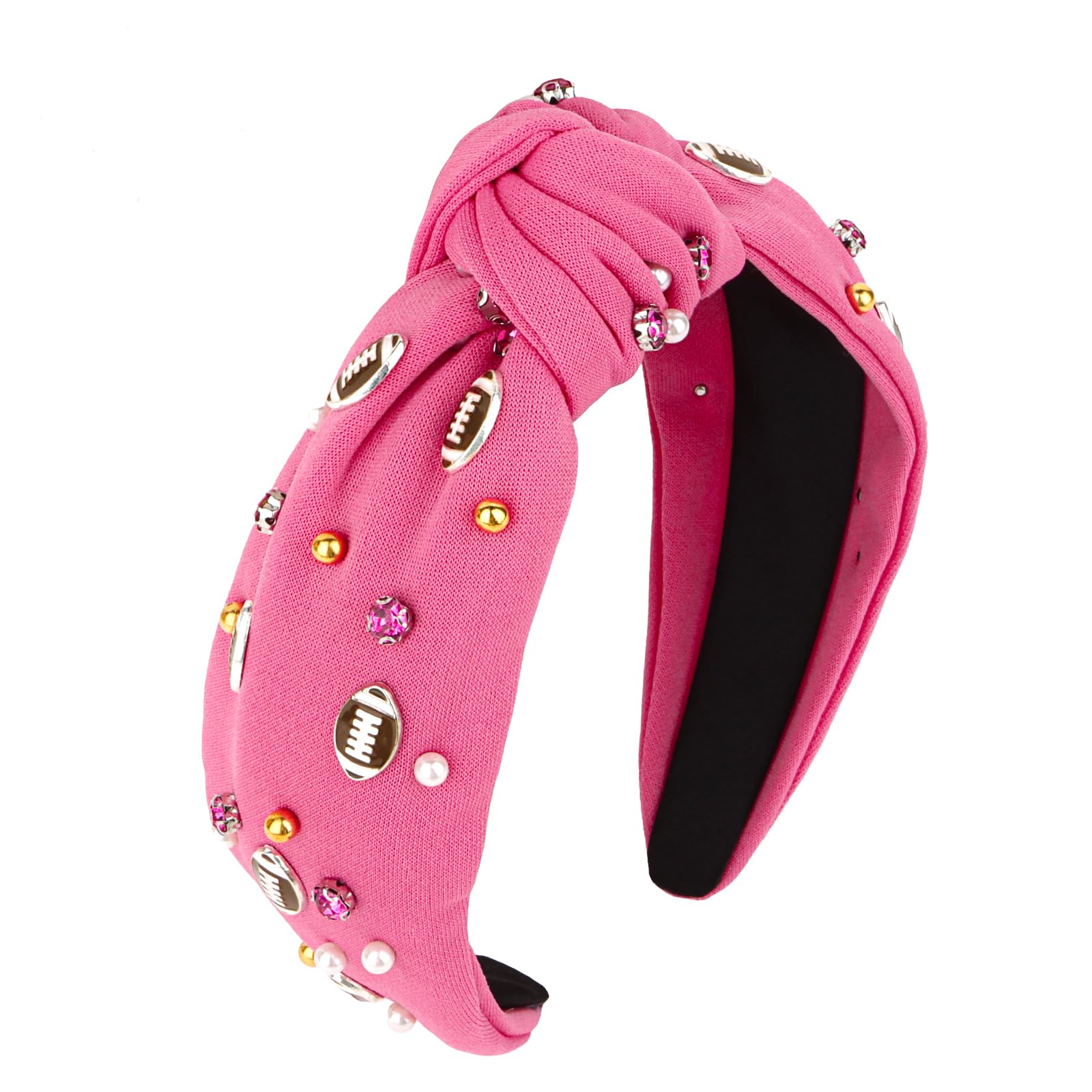 YARIEW Football Headband Pearl Rhinestone Jeweled Knotted Headband Fashion Headband Wide Game Day Sports Hair Accessories Gift for Football Mom Fans