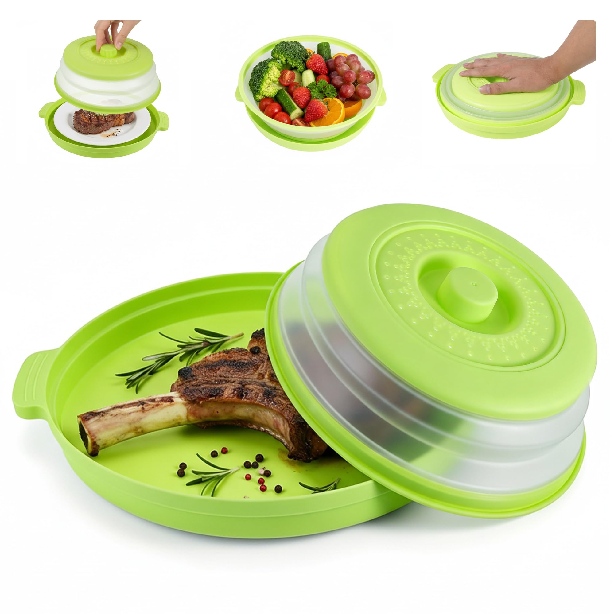 Collapsible Microwave Cover for Food, Microwave Plate Cover with Anti-scald Tray, Vented Microwave Food Cover BPA Free, Multi-Functional Microwave Dishes with lids, Kitchen Essentials 10.5 Inch Green