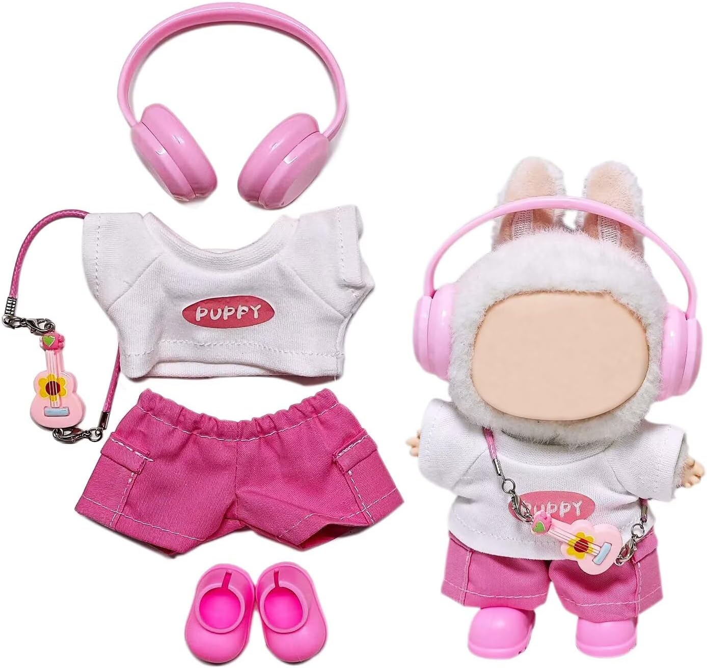 5pcs for Labubu Clothes Set Cute Outfit for 17cm Doll Clothing and Accessories Shoes (No Doll) (Pink)